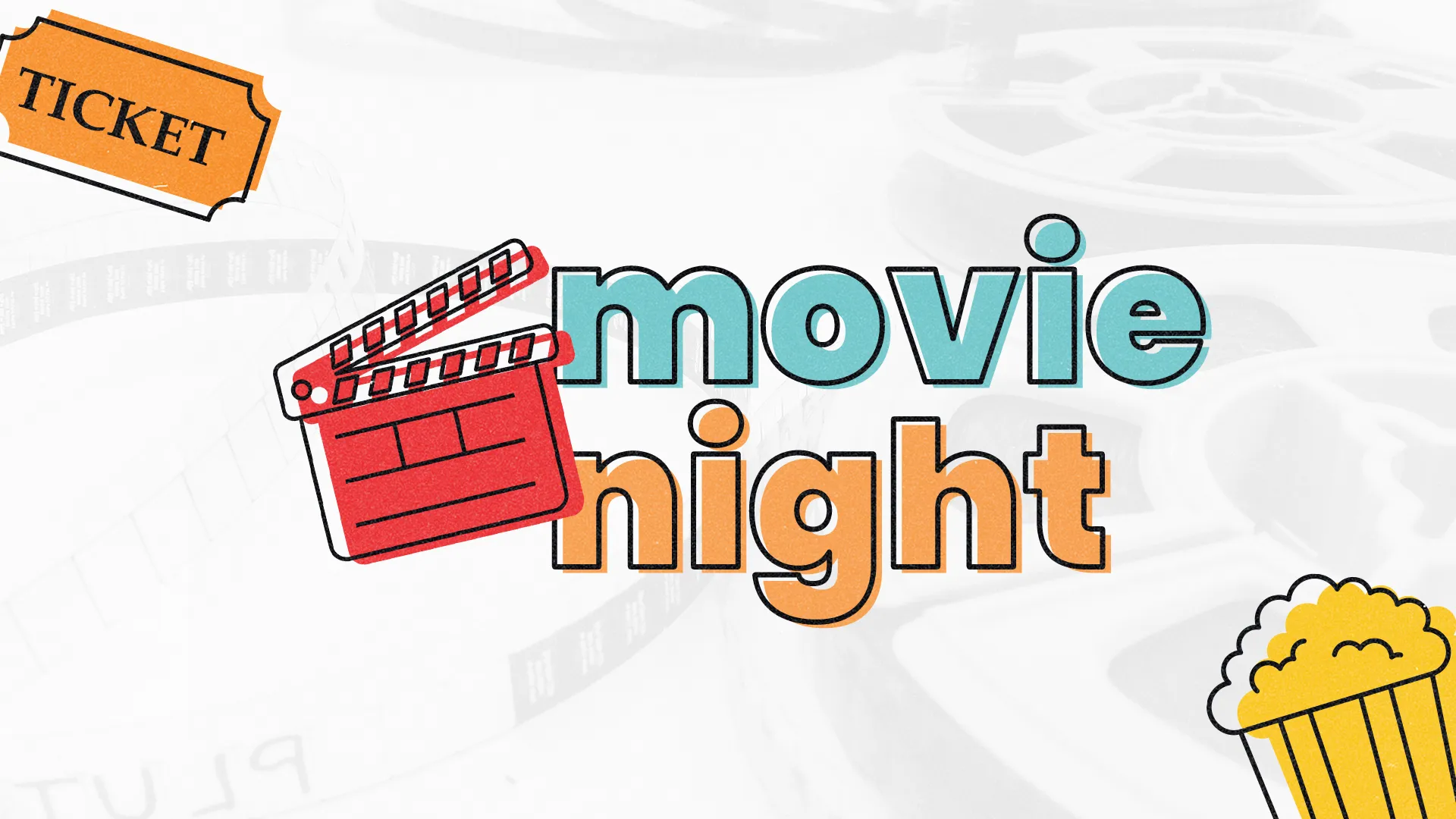 Community movie night invitation featuring a film clapperboard, ticket, and popcorn, emphasizing fellowship and fun.