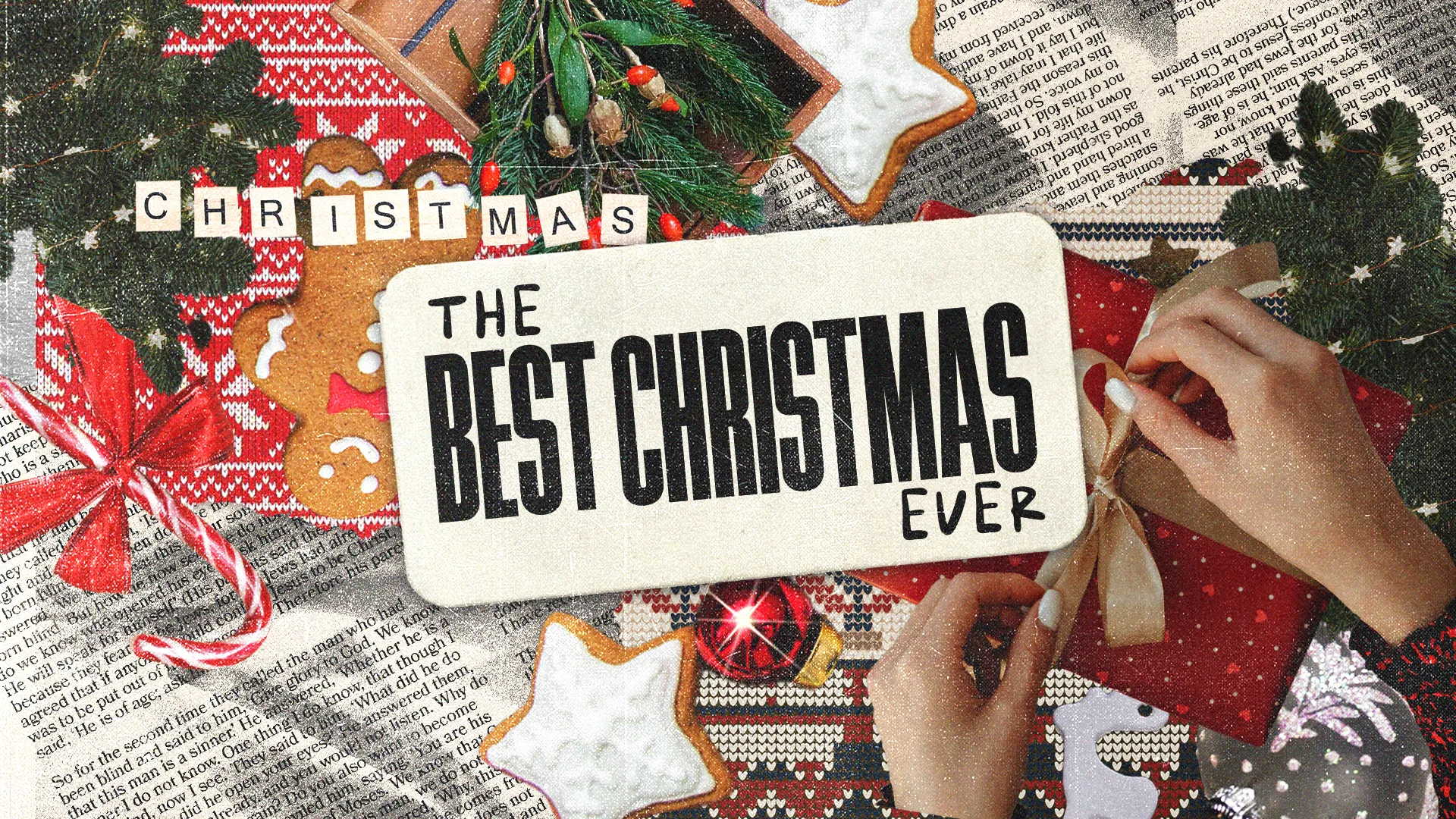 Warm holiday imagery with festive decorations, gifts, and a message celebrating the joy of Christmas and community spirit.