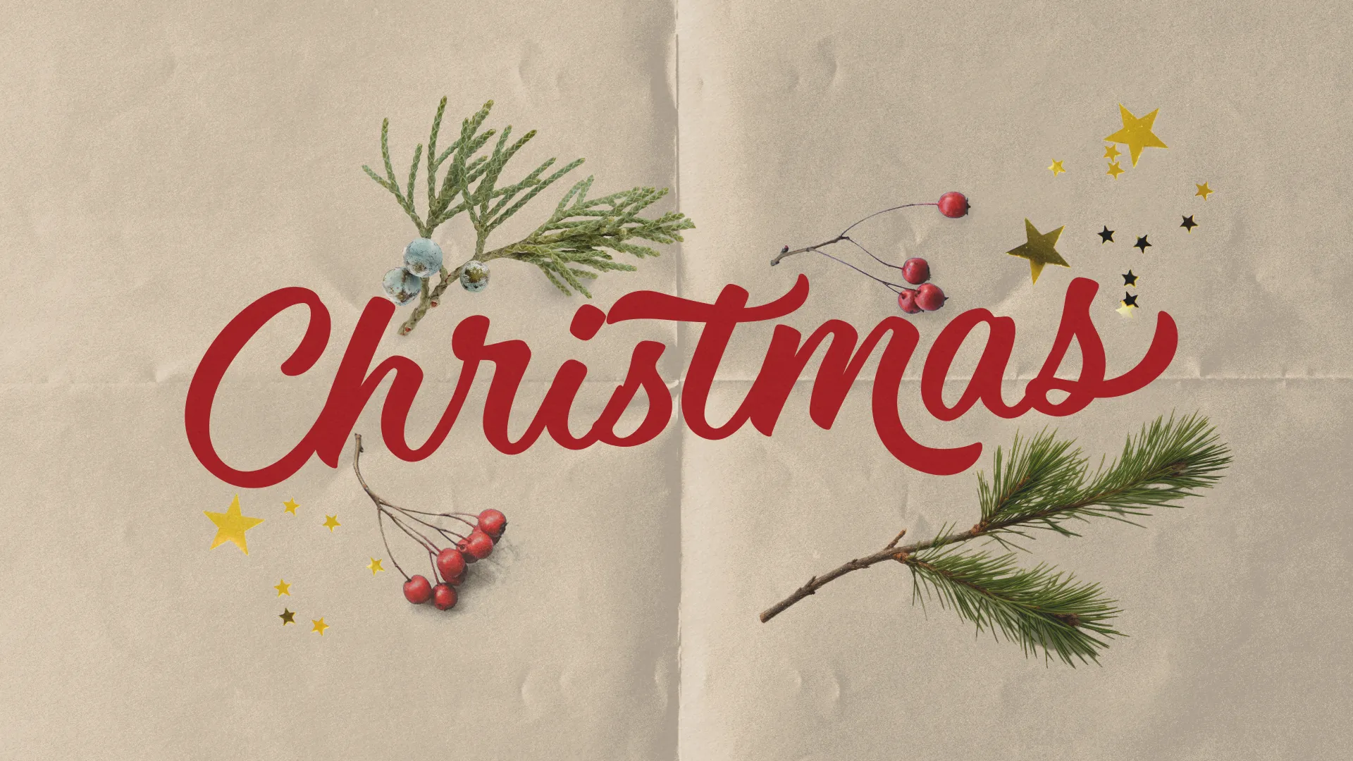 Festive "Christmas" lettering adorned with greenery, berries, and stars, symbolizing joy and community in faith.