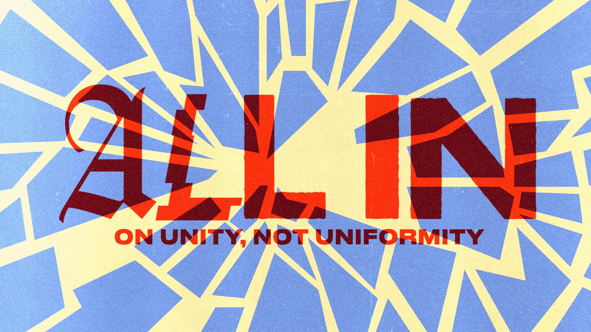 "Bold text 'ALL IN' emphasizes unity, surrounded by vibrant rays symbolizing community and faith."
