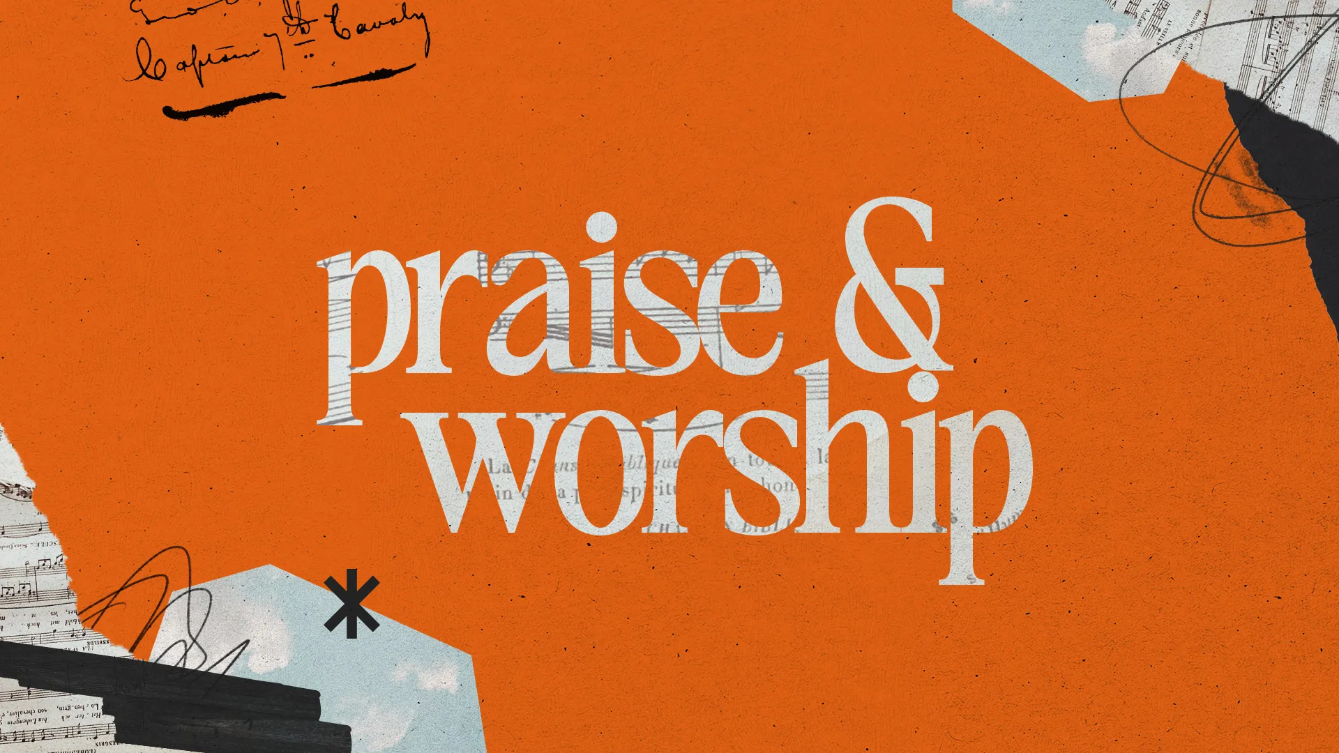 Bold text reads "praise & worship" against an orange background, symbolizing community and spiritual celebration.