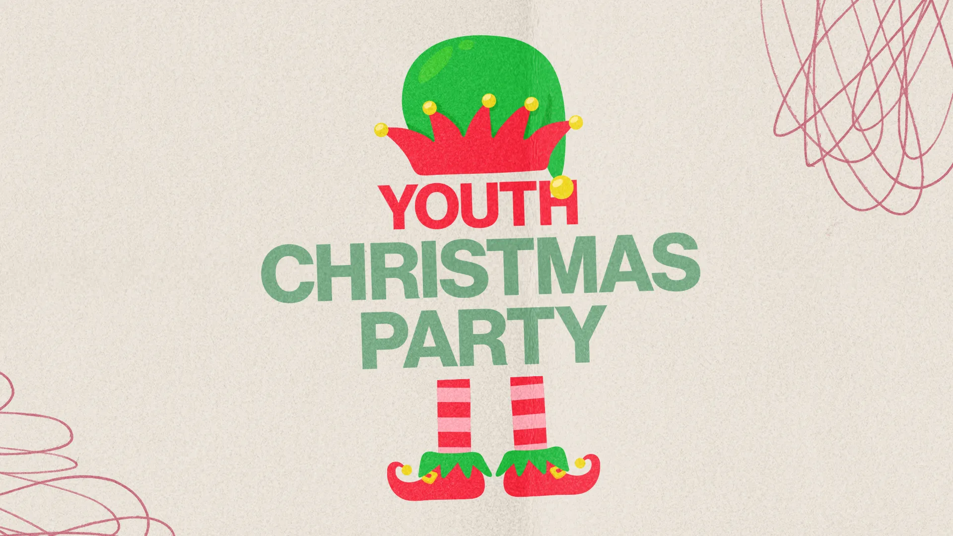 Youth Christmas party invitation featuring festive elf shoes and a playful design, celebrating community and joy.