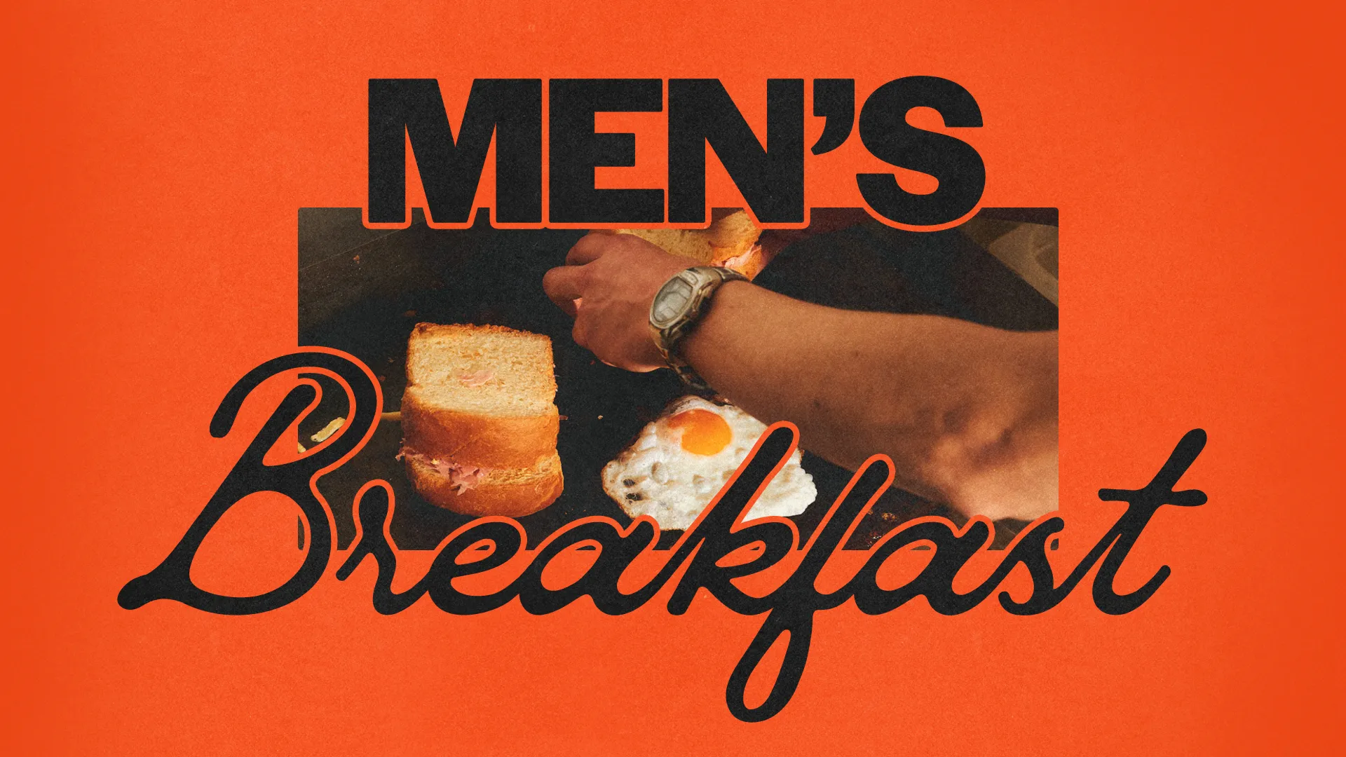 Men's breakfast event featuring hands preparing food, fostering community and fellowship among church members.