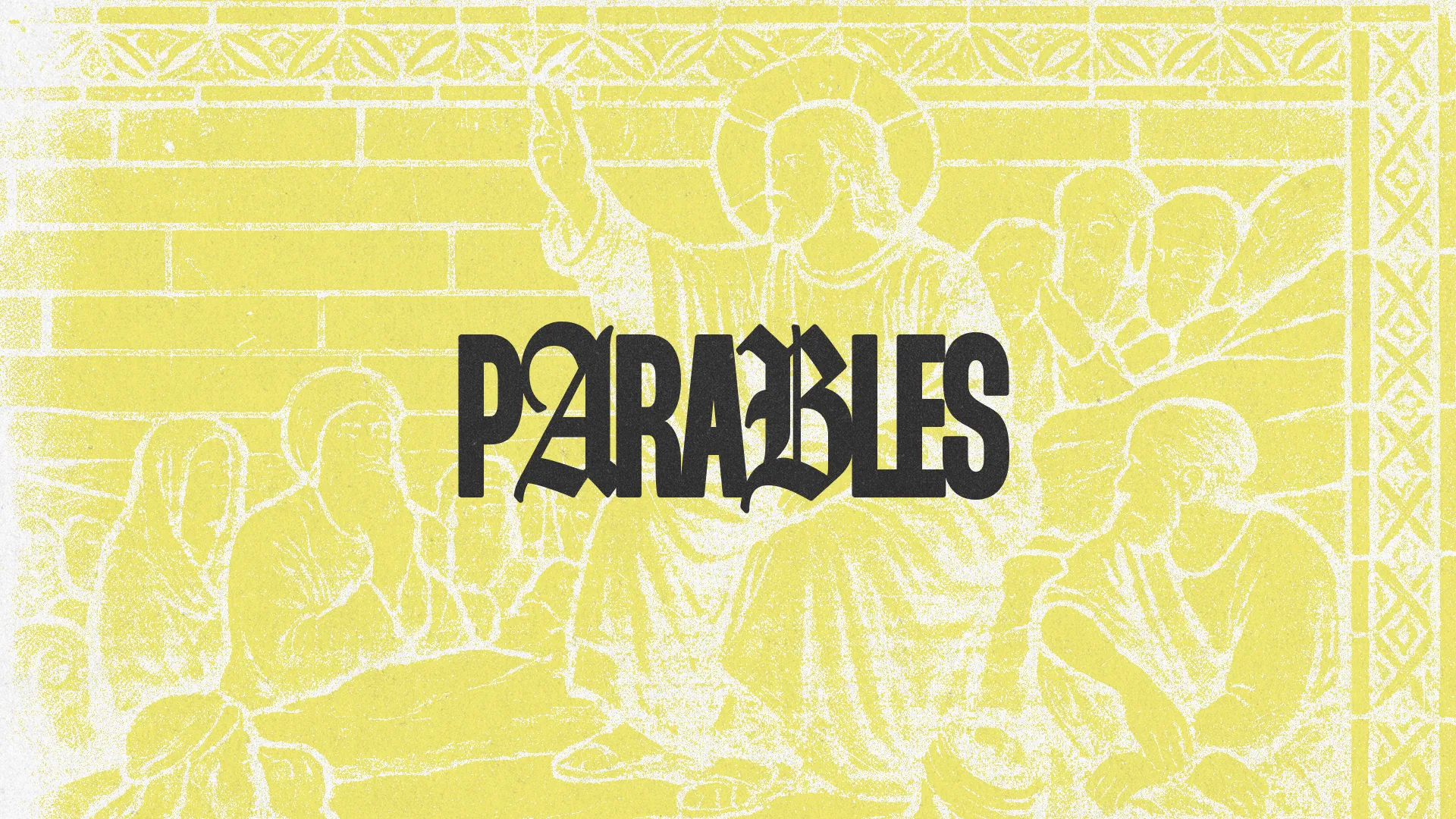 Jesus teaches a group, symbolizing community and faith, with "PARABLES" prominently displayed in bold text.