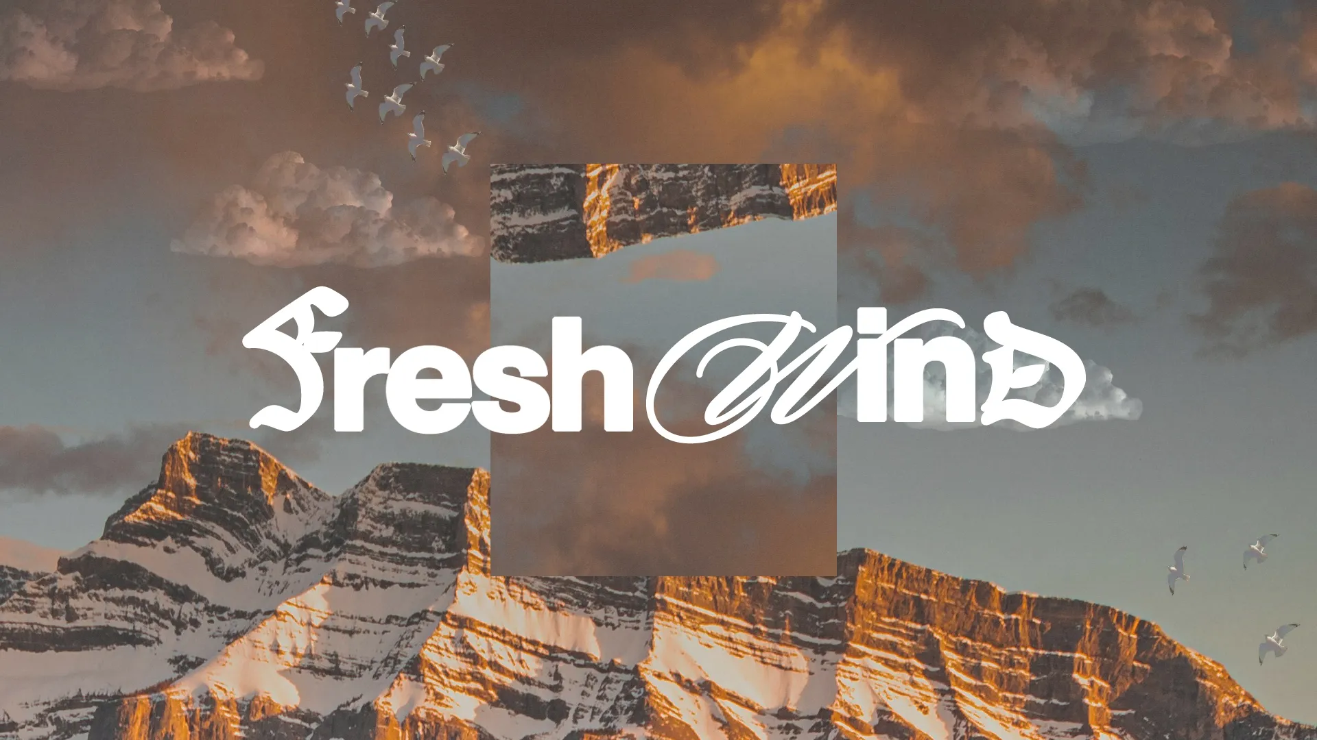Mountains under a sunset sky, birds in flight, with the words "Fresh Wind" symbolizing renewal and spiritual breath.