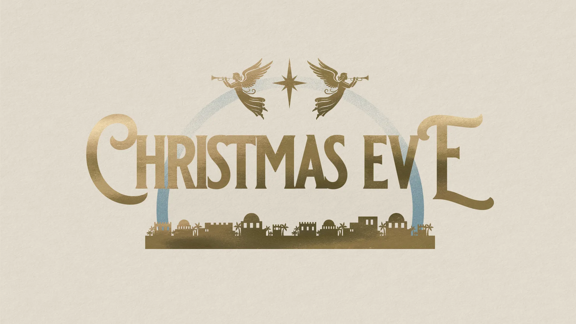 Angels with trumpets above "Christmas Eve," framed by a silhouette of a biblical town, celebrating faith and community.