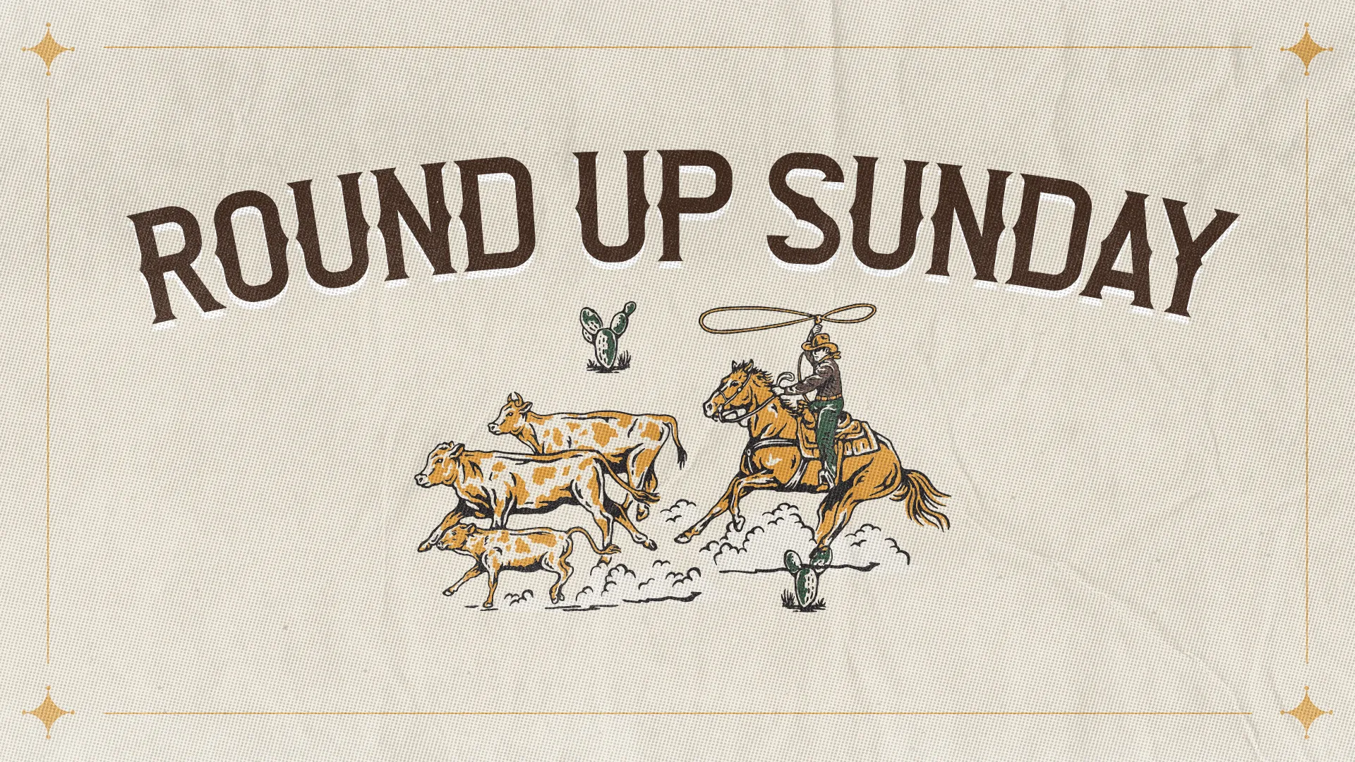 Rustic church media graphic with "ROUND UP SUNDAY" text and illustration of cowboy on horseback rounding up cattle, with decorative border.