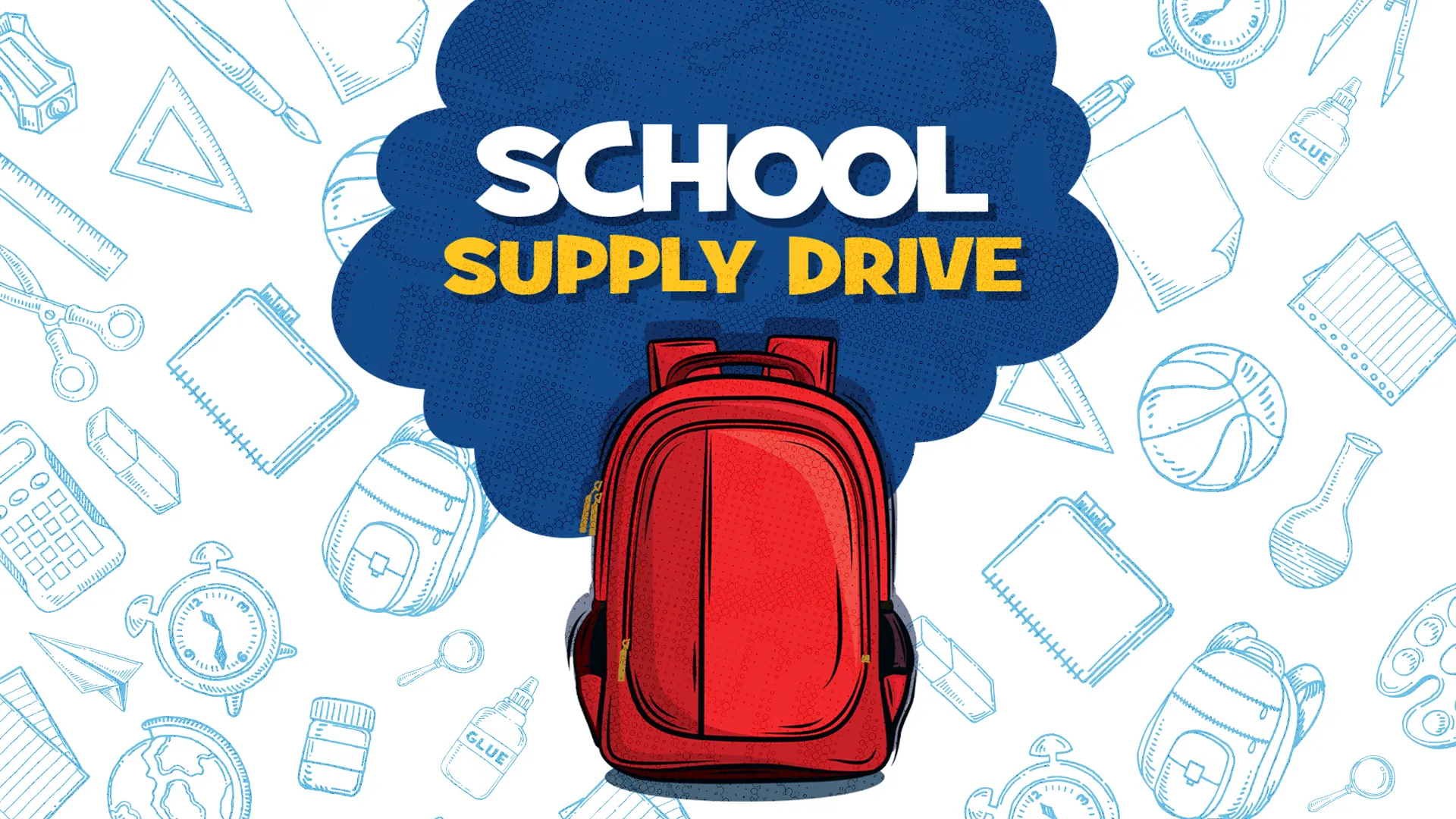 Red backpack surrounded by school supplies, promoting a church school supply drive, fostering community support and faith.