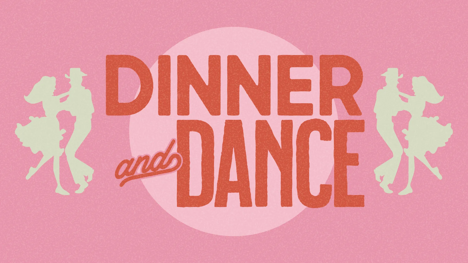 Dinner and dance event promoting community fellowship and joy, featuring vibrant colors and lively silhouettes.
