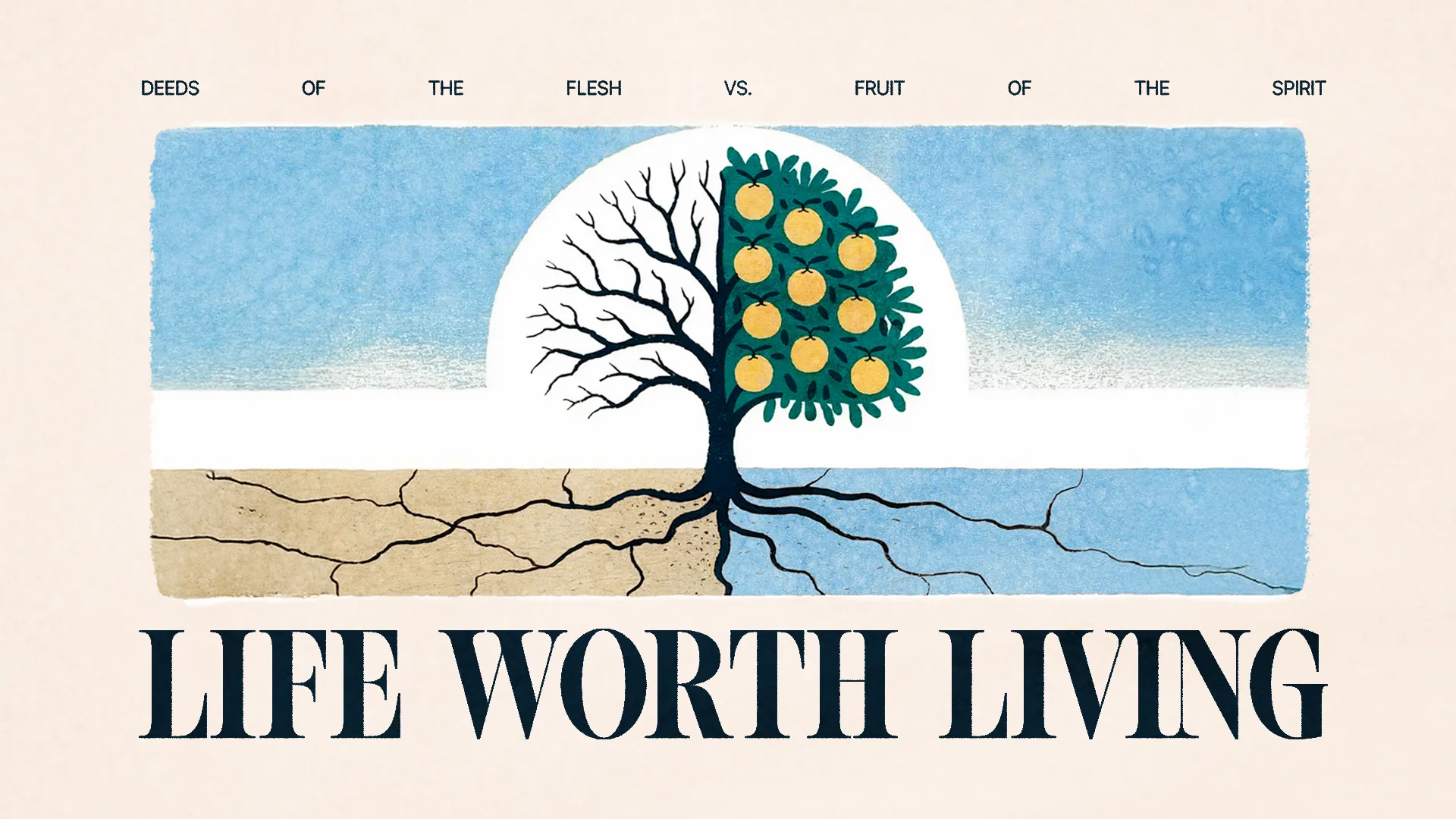 Contrast of a barren tree and a fruitful tree symbolizes spiritual growth and the choice between flesh and Spirit.