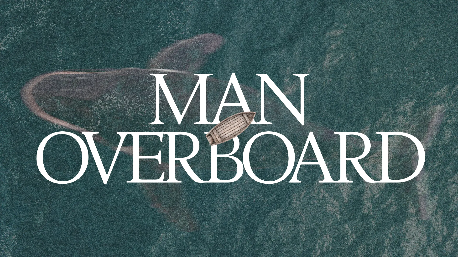 "Title 'Man Overboard' with a boat on water, evoking themes of faith, rescue, and biblical narratives."