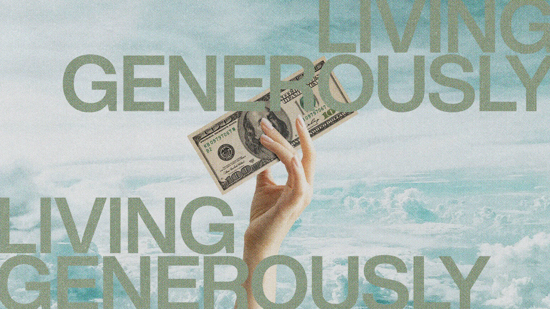 Hand holding a dollar bill against a sky backdrop, emphasizing themes of generosity and stewardship in faith.