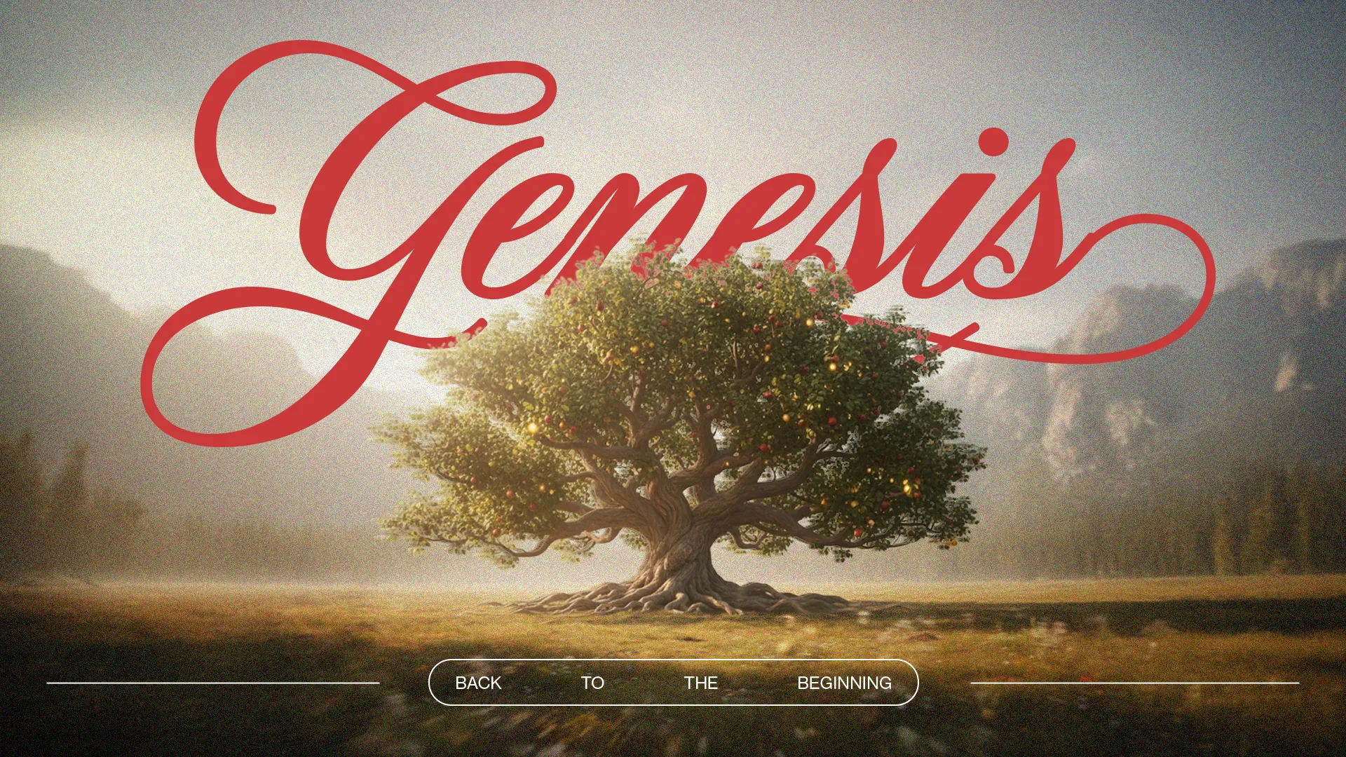 "Stylized text 'Genesis' above a vibrant tree, symbolizing creation and new beginnings in faith and community."