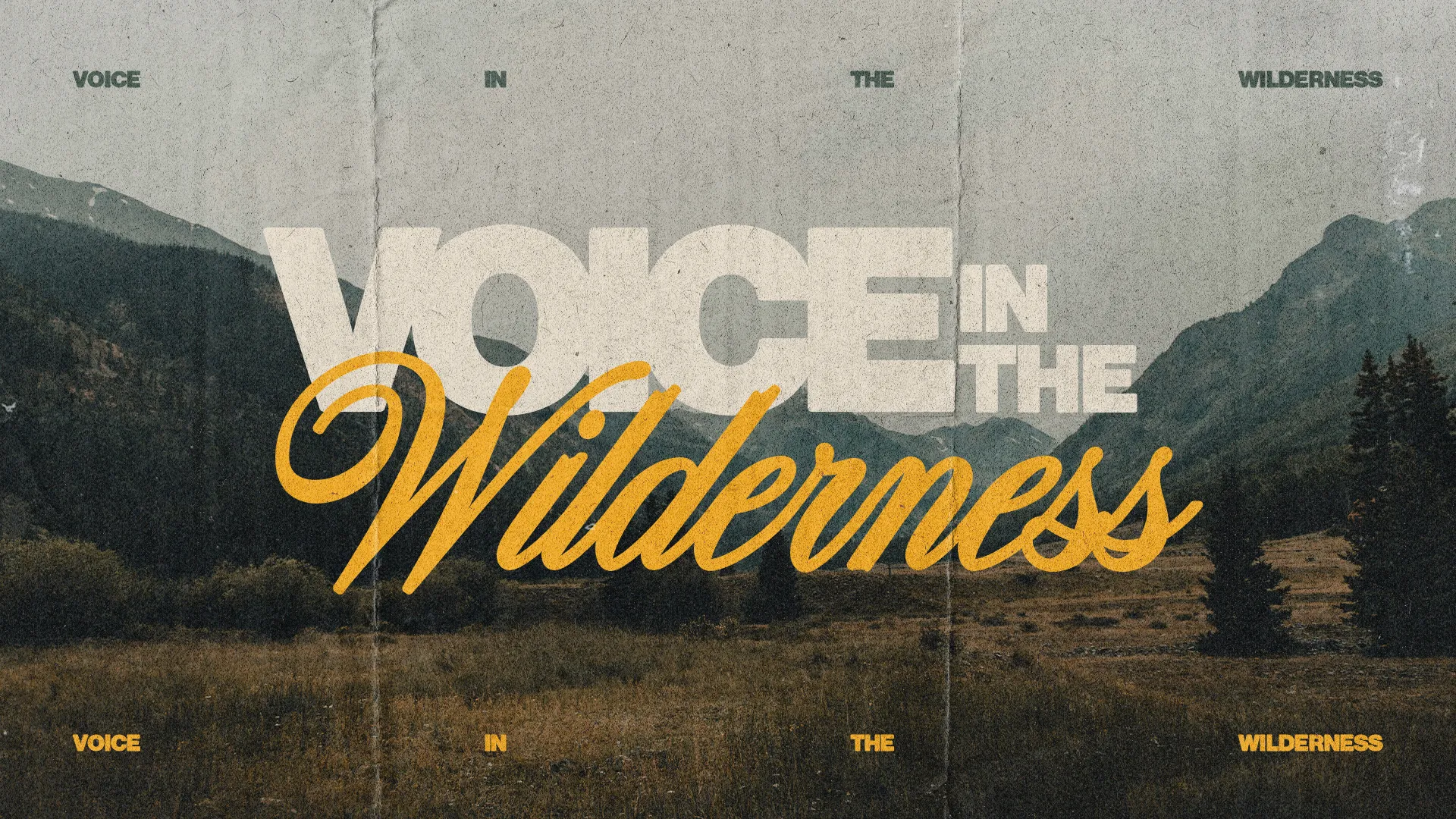 "Bold text reads 'Voice in the Wilderness' against a serene mountain landscape, symbolizing faith and spiritual guidance."