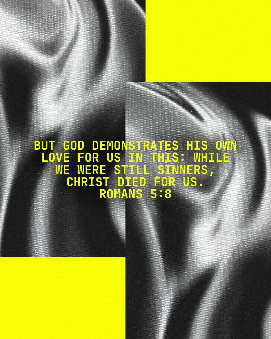 God's love is highlighted through Romans 5:8, emphasizing Christ's sacrifice for humanity. Bold, modern design.