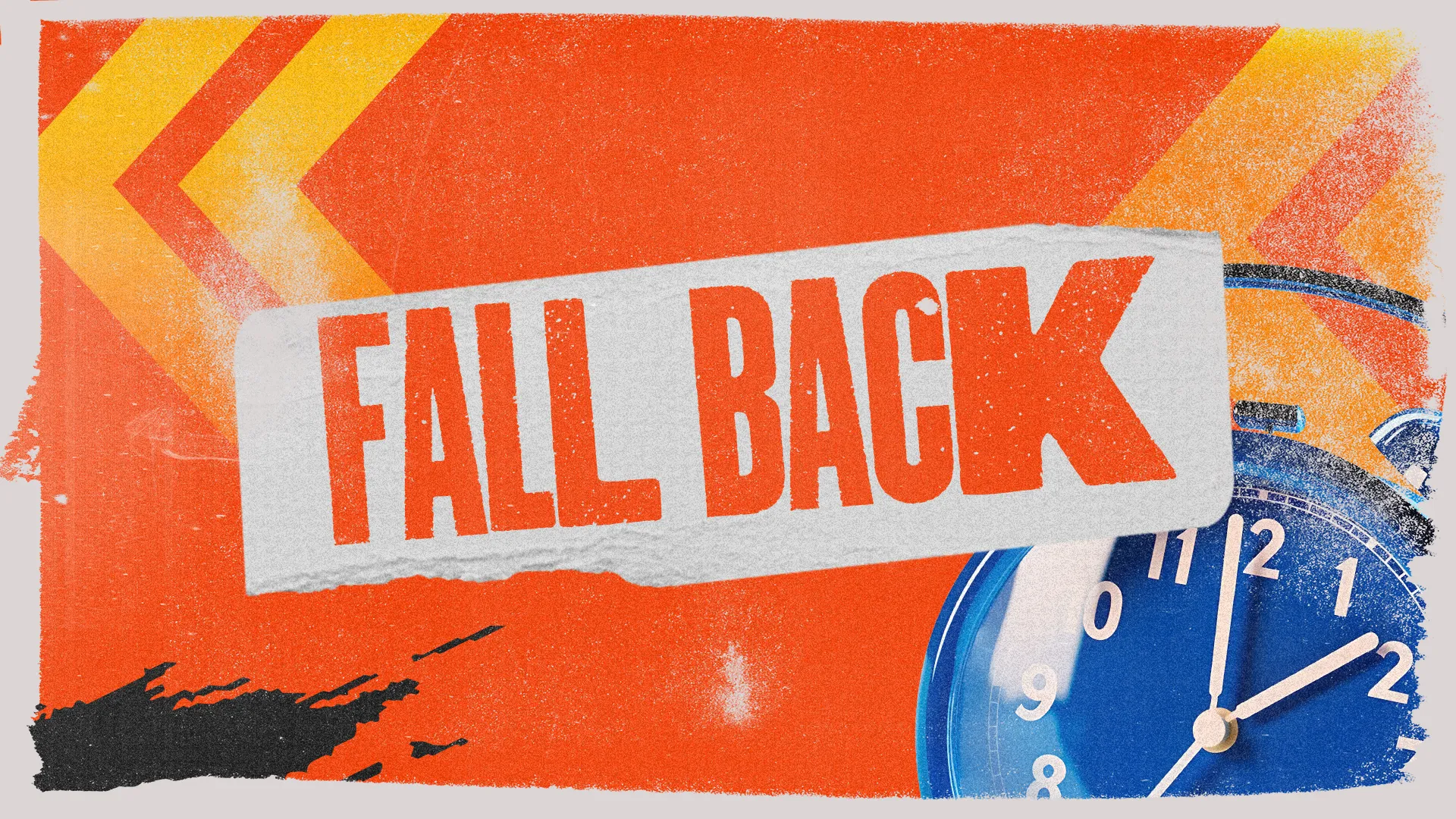 "Bold text 'FALL BACK' with vibrant colors and clock imagery, symbolizing reflection and time for worship and community."