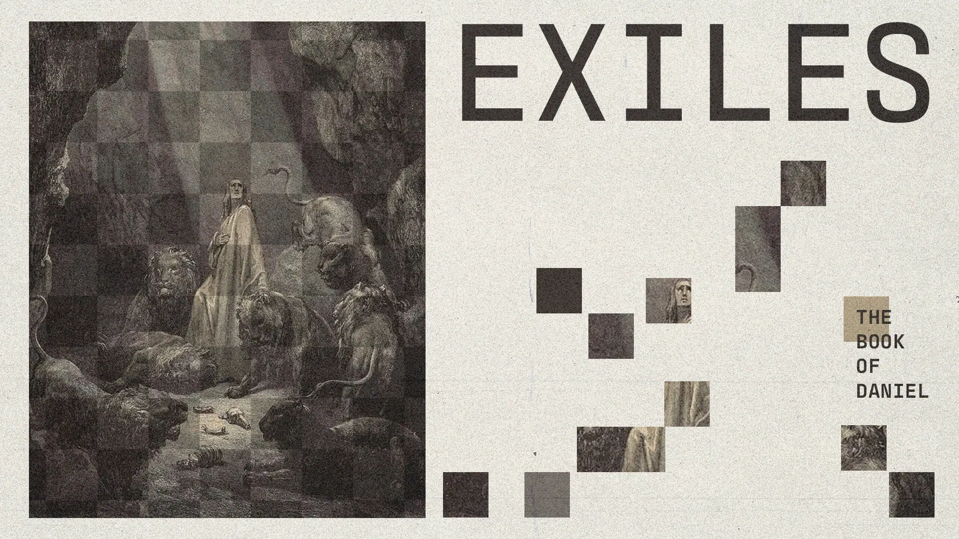 Daniel stands in a lion's den, surrounded by lions, symbolizing faith and courage in adversity. "Exiles" and "The Book of Daniel" featured.