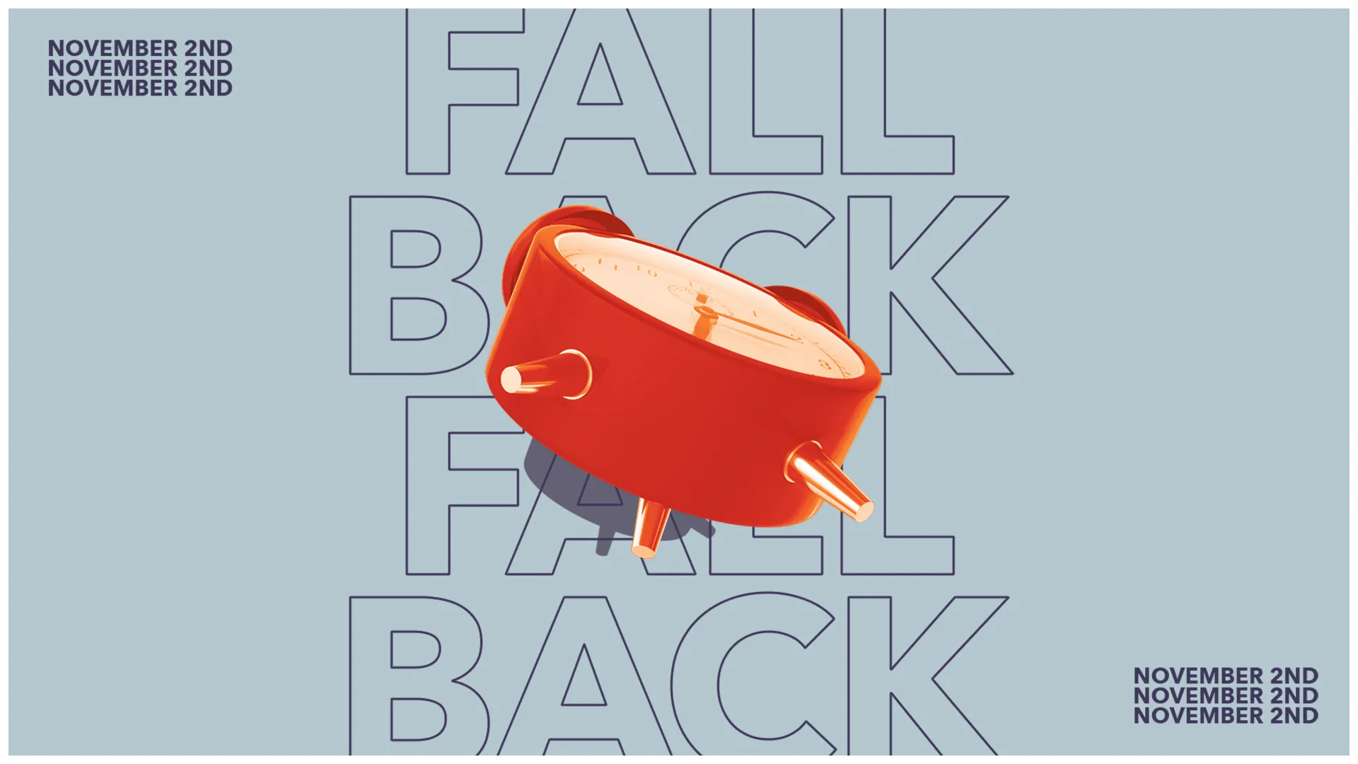 Bright red clock with "Fall Back" text, emphasizing the importance of time and community gatherings on November 2nd.