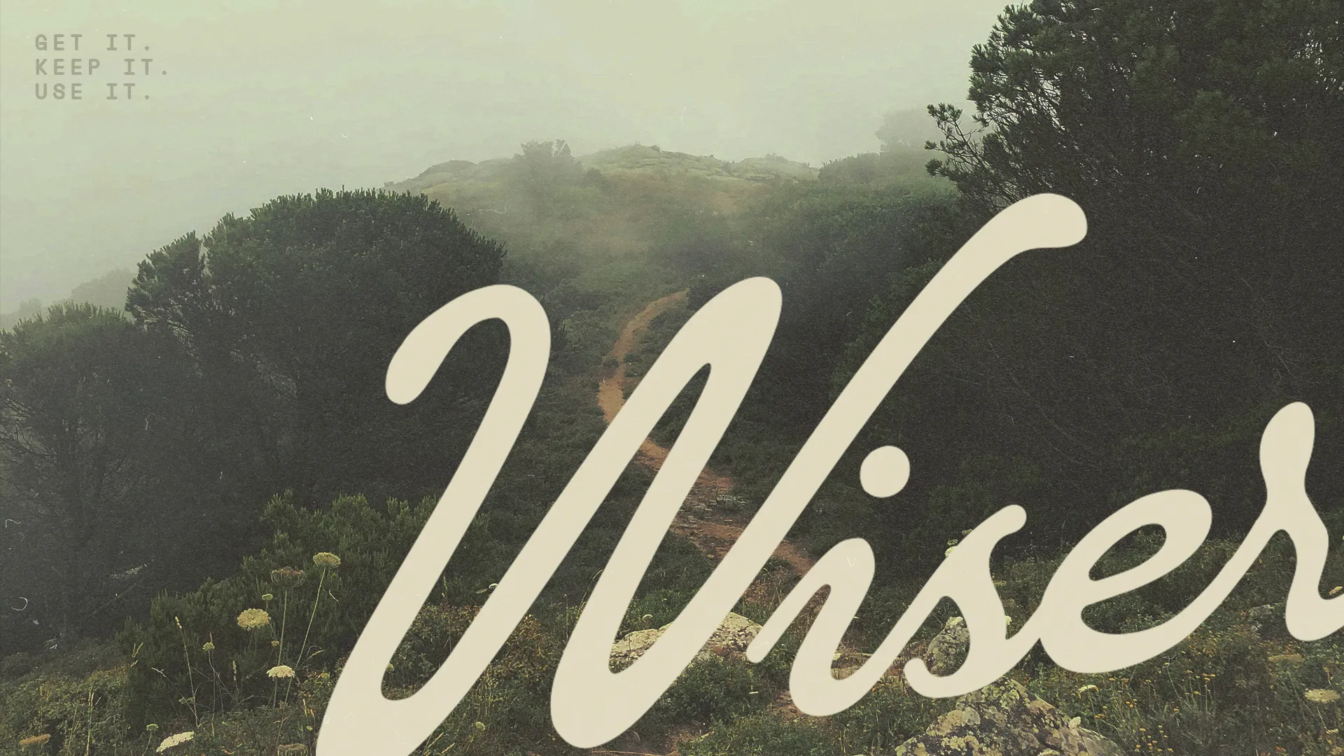Misty landscape with a winding path, overlaid with the word "Wiser," symbolizing spiritual growth and faith journey.