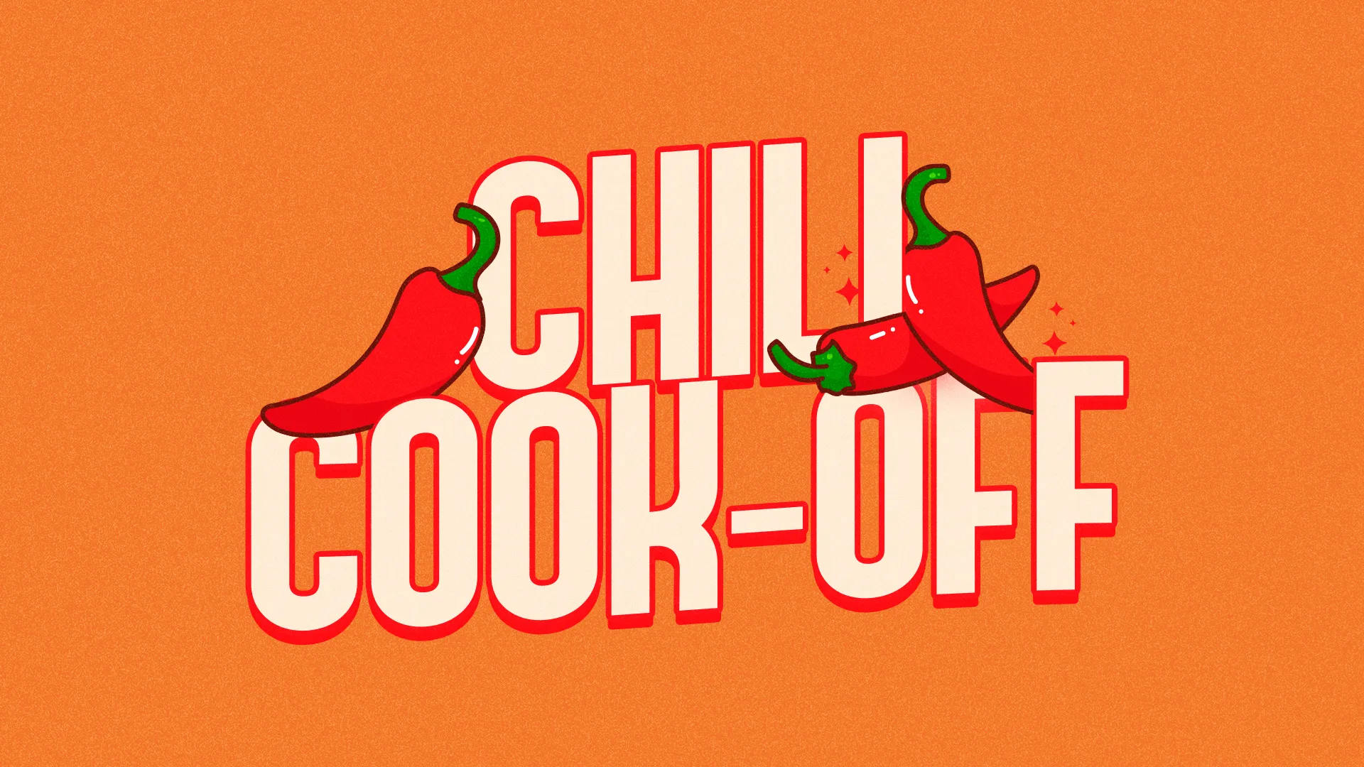 Chili Cook-Off event title with vibrant red peppers on an orange background, inviting community and fellowship.