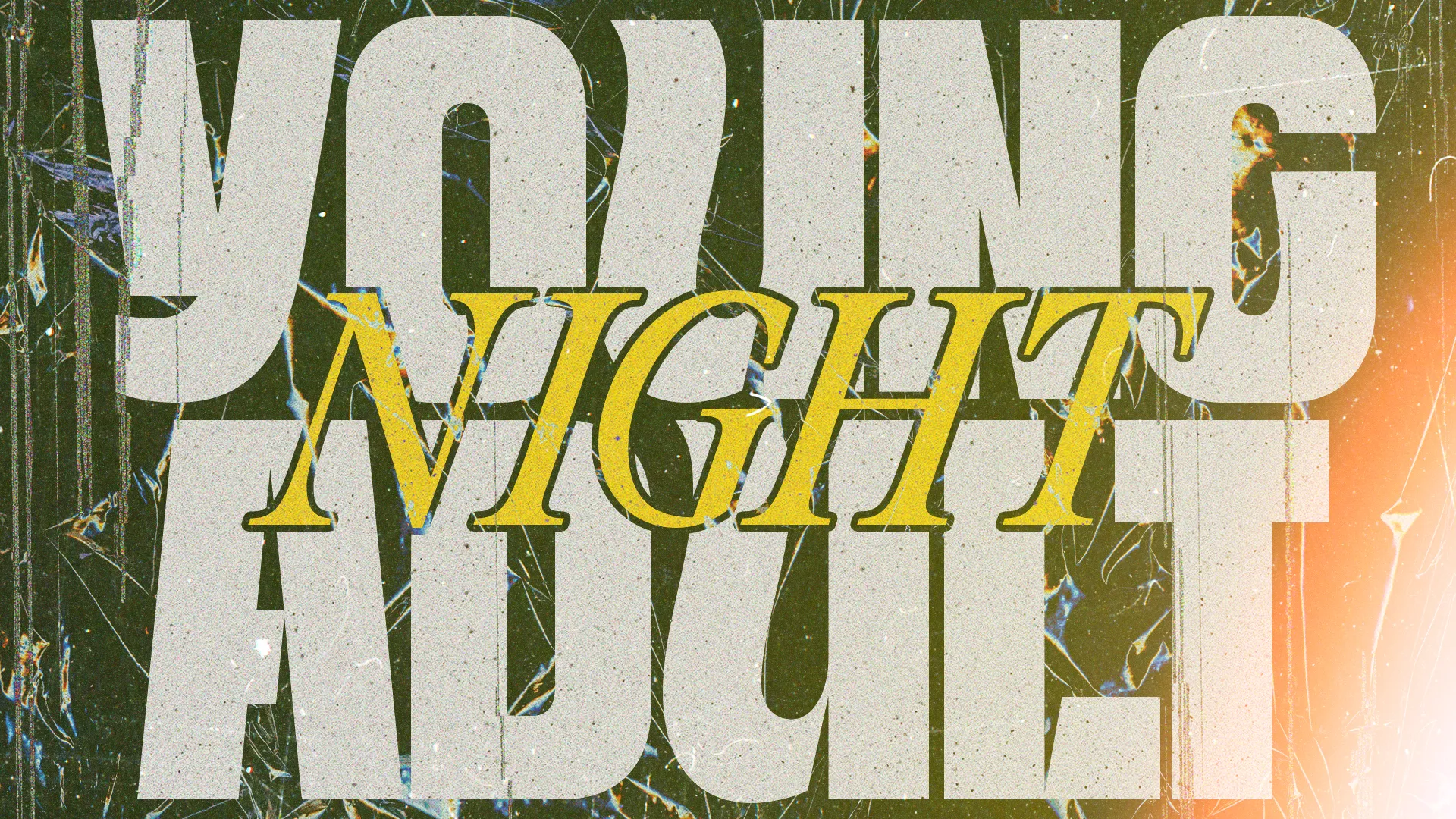 Young adult worship night invitation, featuring bold text and vibrant colors, fostering community and faith connection.