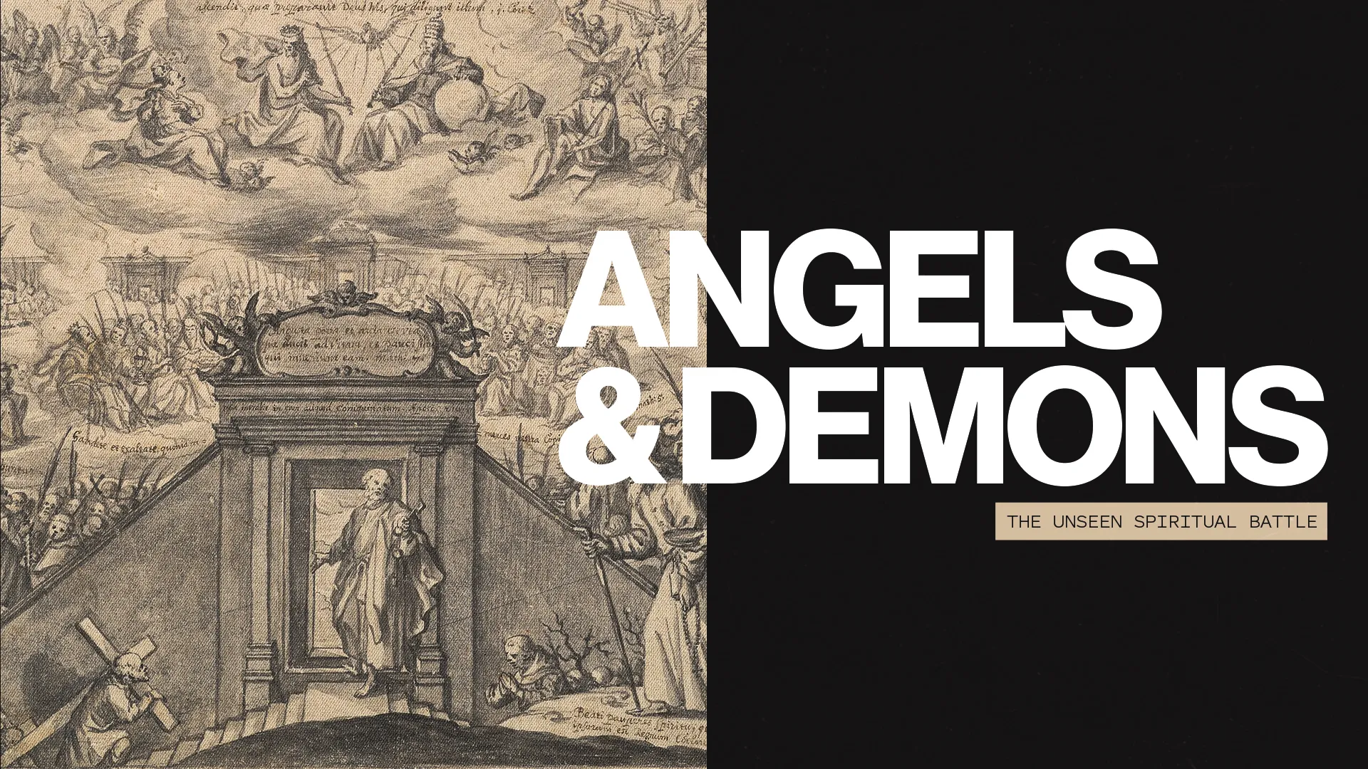 Heavenly beings and spiritual warfare imagery depict the battle between angels and demons, emphasizing faith and divine protection.