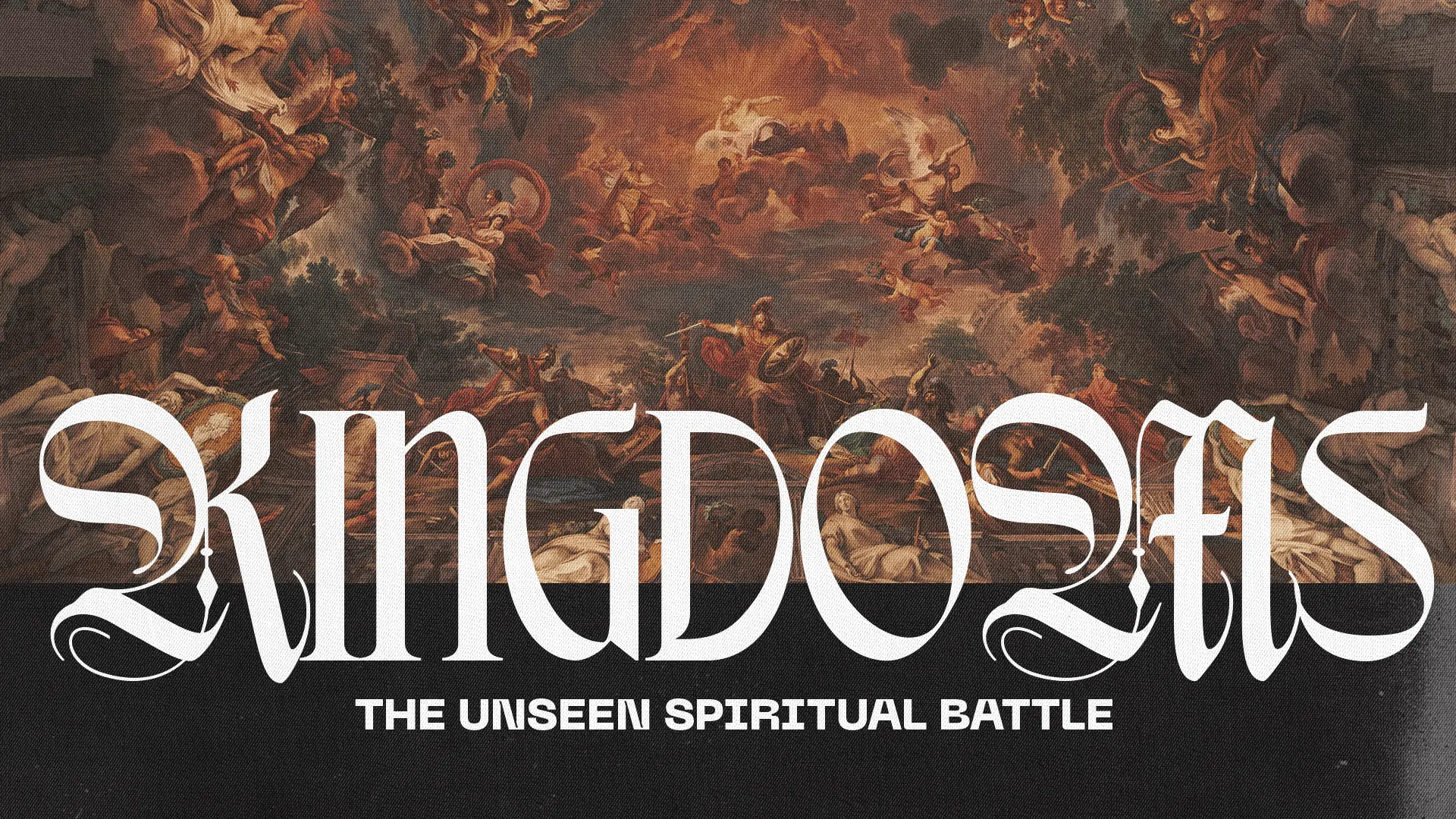Heavenly battle scene with angels and warriors, emphasizing spiritual warfare and the theme of God's kingdom.