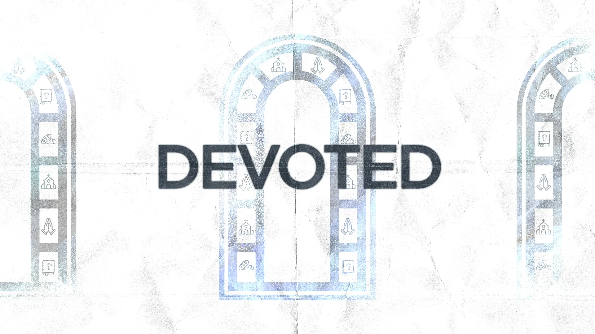 "Bold text 'DEVOTED' framed by spiritual symbols representing faith, worship, and community."