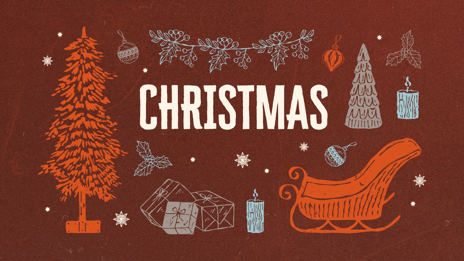 Warm holiday imagery with a Christmas tree, gifts, sleigh, and candles, inviting community celebration at church.