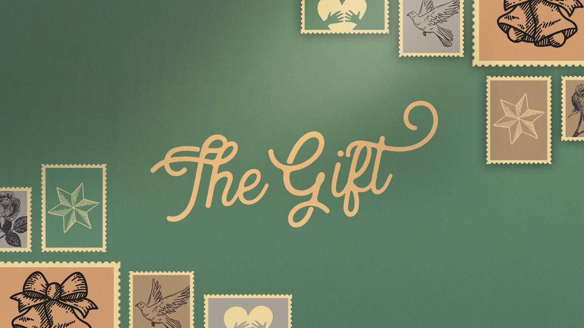 Elegant script reads "The Gift," surrounded by stamps featuring symbols of faith, love, and community.