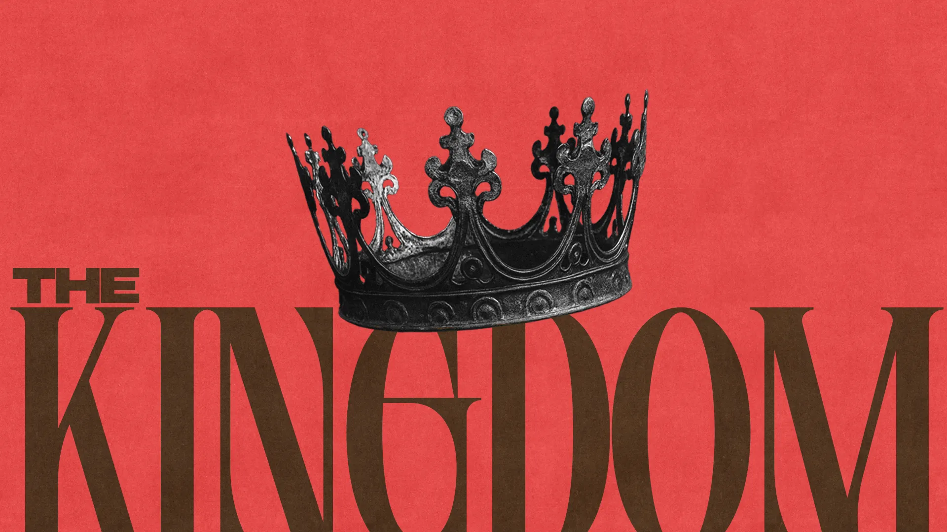 A crown symbolizes God's kingdom, set against a vibrant red background, emphasizing faith and spiritual authority.