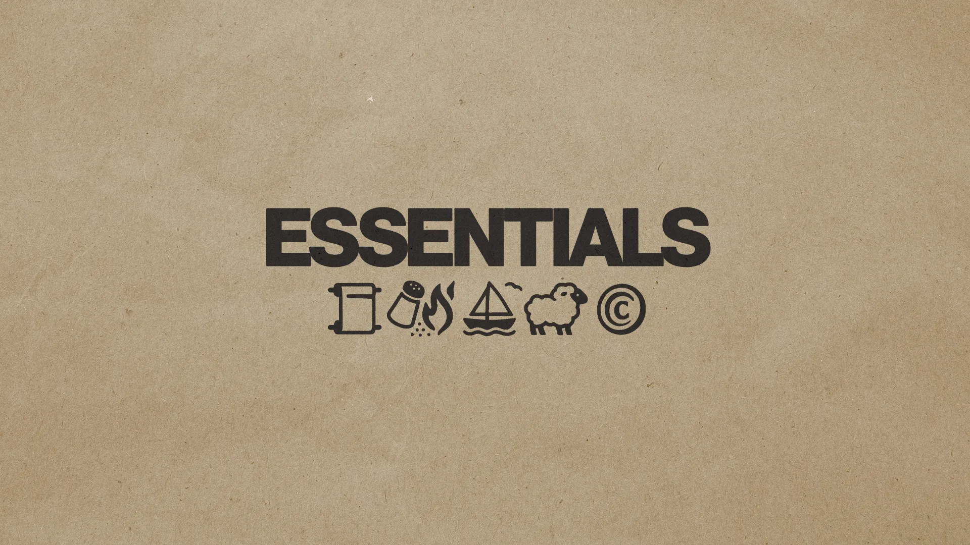 "Essentials" with symbols representing faith, community, and service, emphasizing biblical themes and spiritual growth.