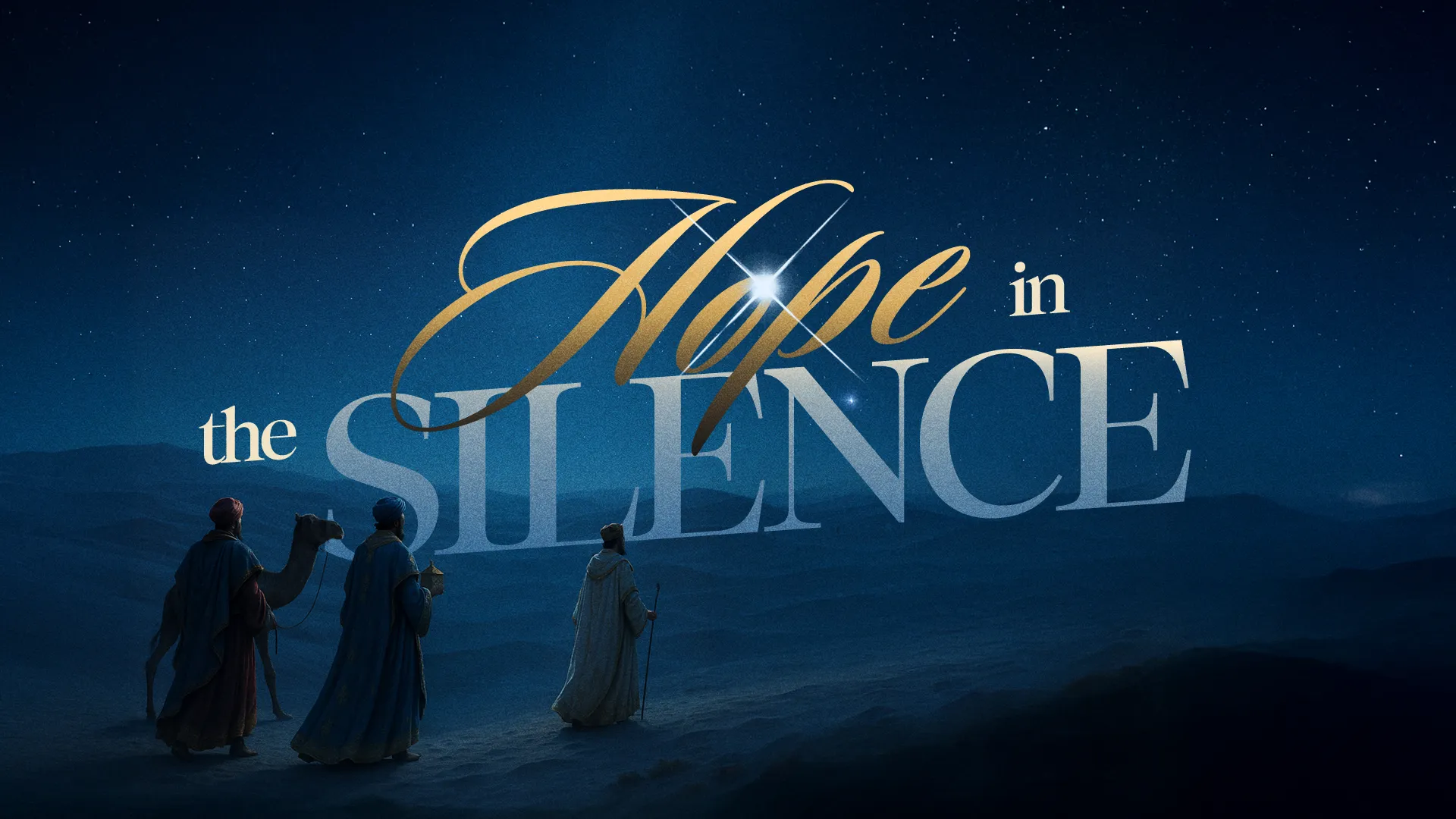 Three figures journeying through a starry night, embodying hope and faith in a serene, silent landscape.