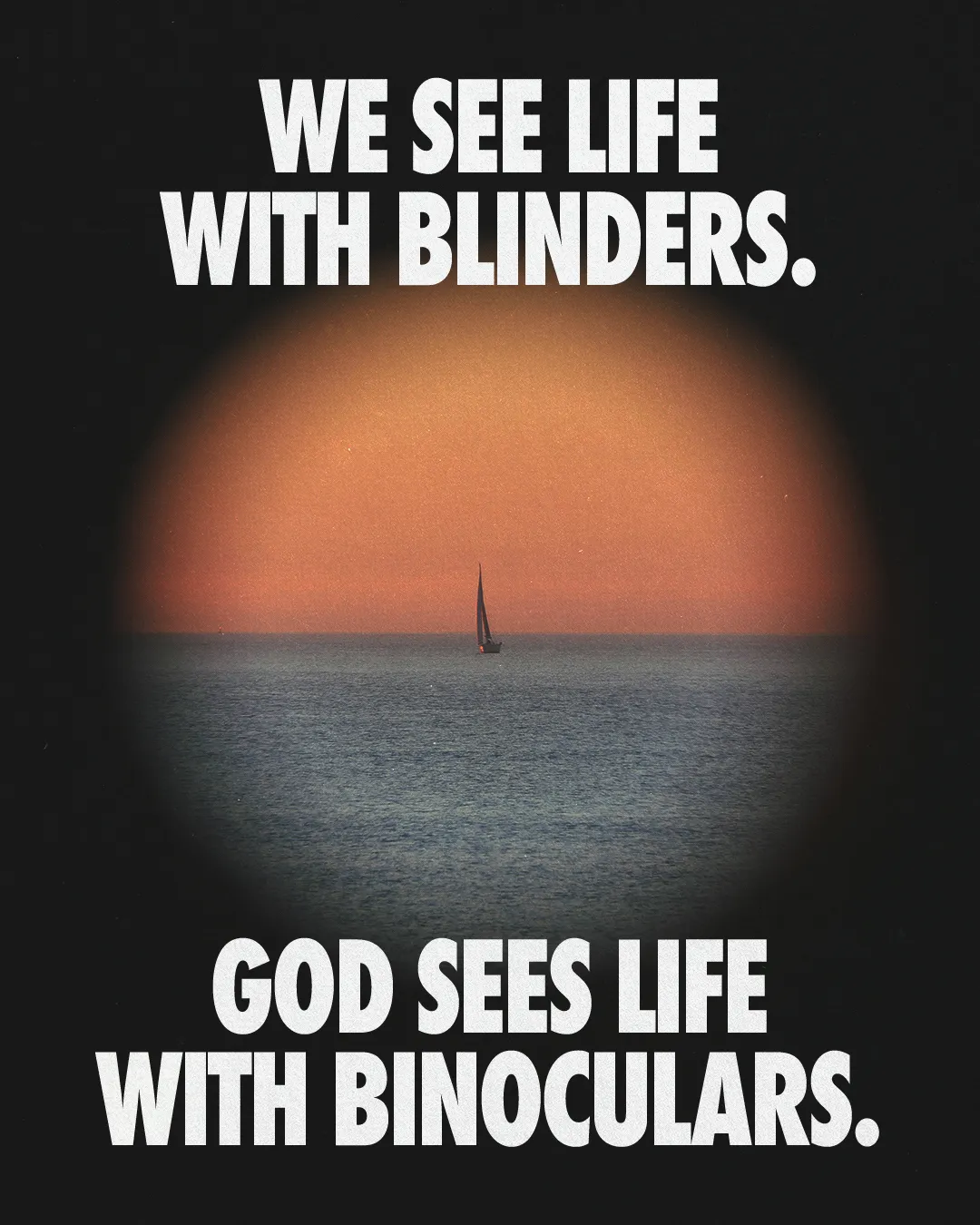 Sunset over calm waters with a sailboat, emphasizing faith and perspective in life's journey.