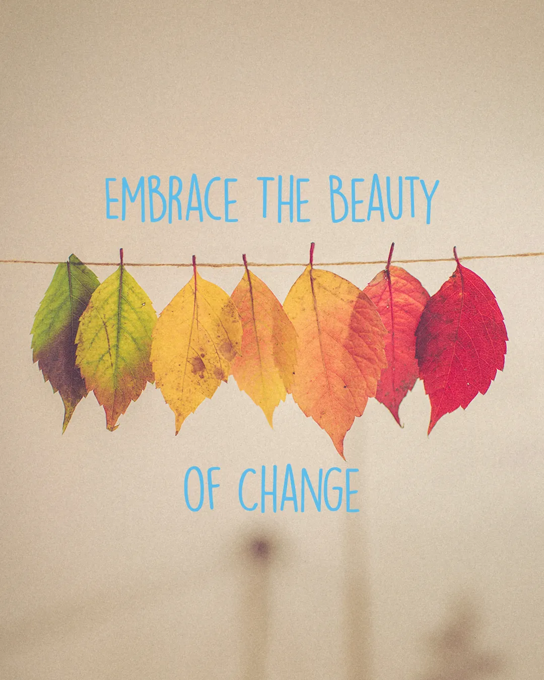 Colorful autumn leaves hanging on a line, with the text "Embrace the Beauty of Change," symbolizing transformation in faith.