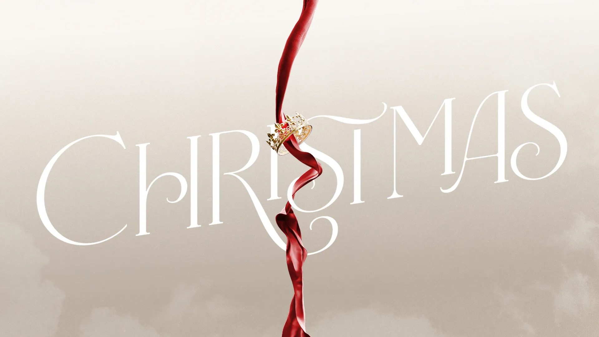 Red ribbon spirals around a golden crown, symbolizing the majesty and joy of Christmas in a serene, heavenly backdrop.