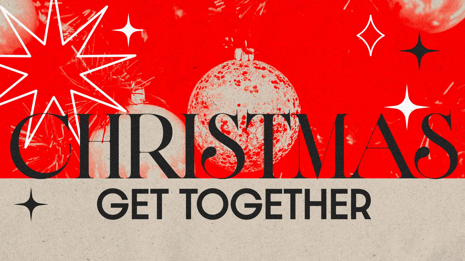 Festive design featuring Christmas ornaments and stars, inviting community celebration and worship during the holiday season.