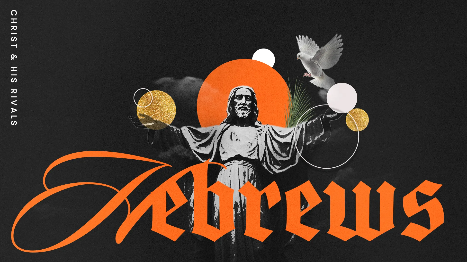 Christ statue with outstretched arms, surrounded by spiritual symbols, emphasizing faith and community in worship.