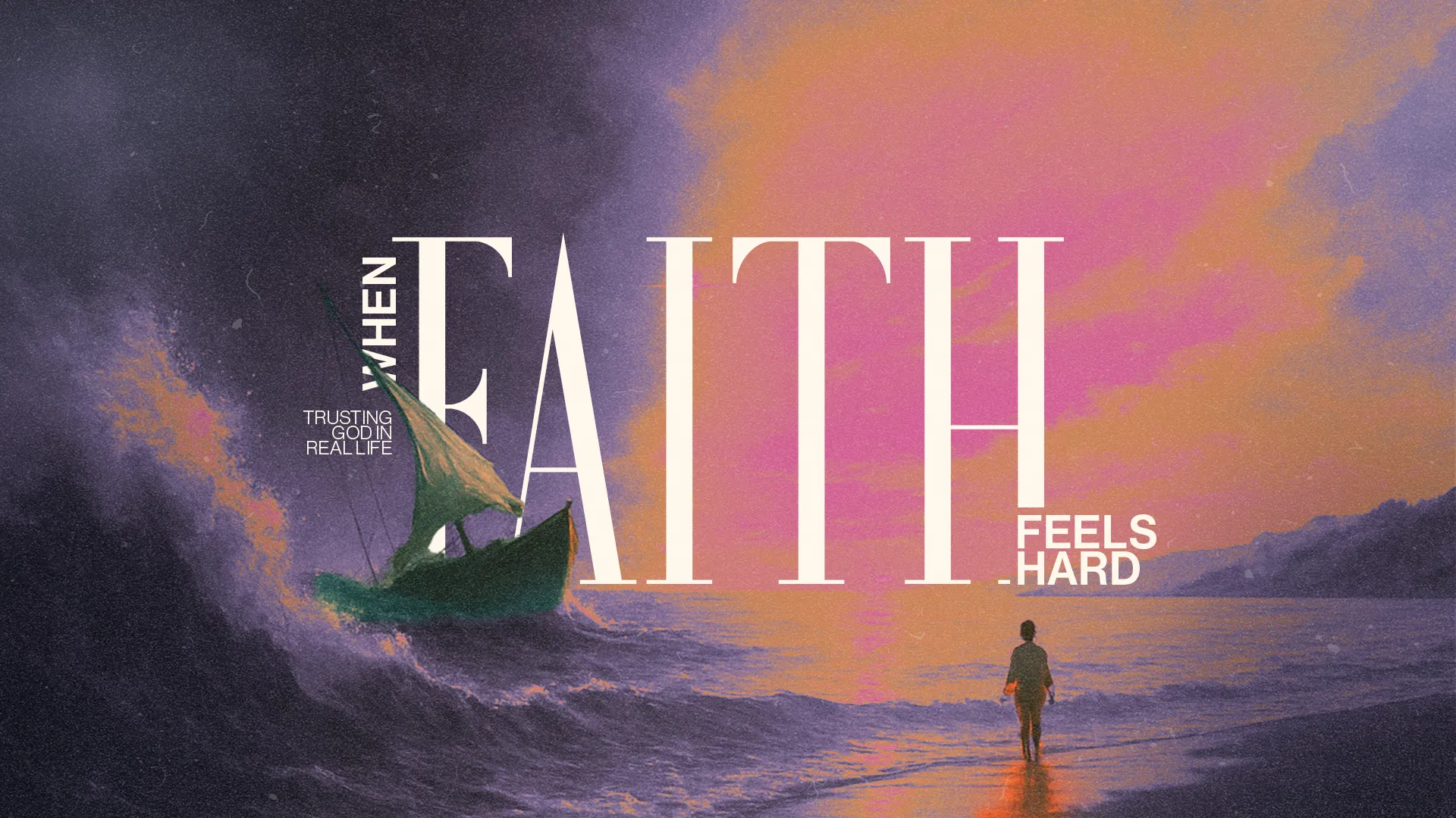 A person walks along the shore, facing a vibrant sunset, with a boat navigating turbulent waters, symbolizing faith's challenges.
