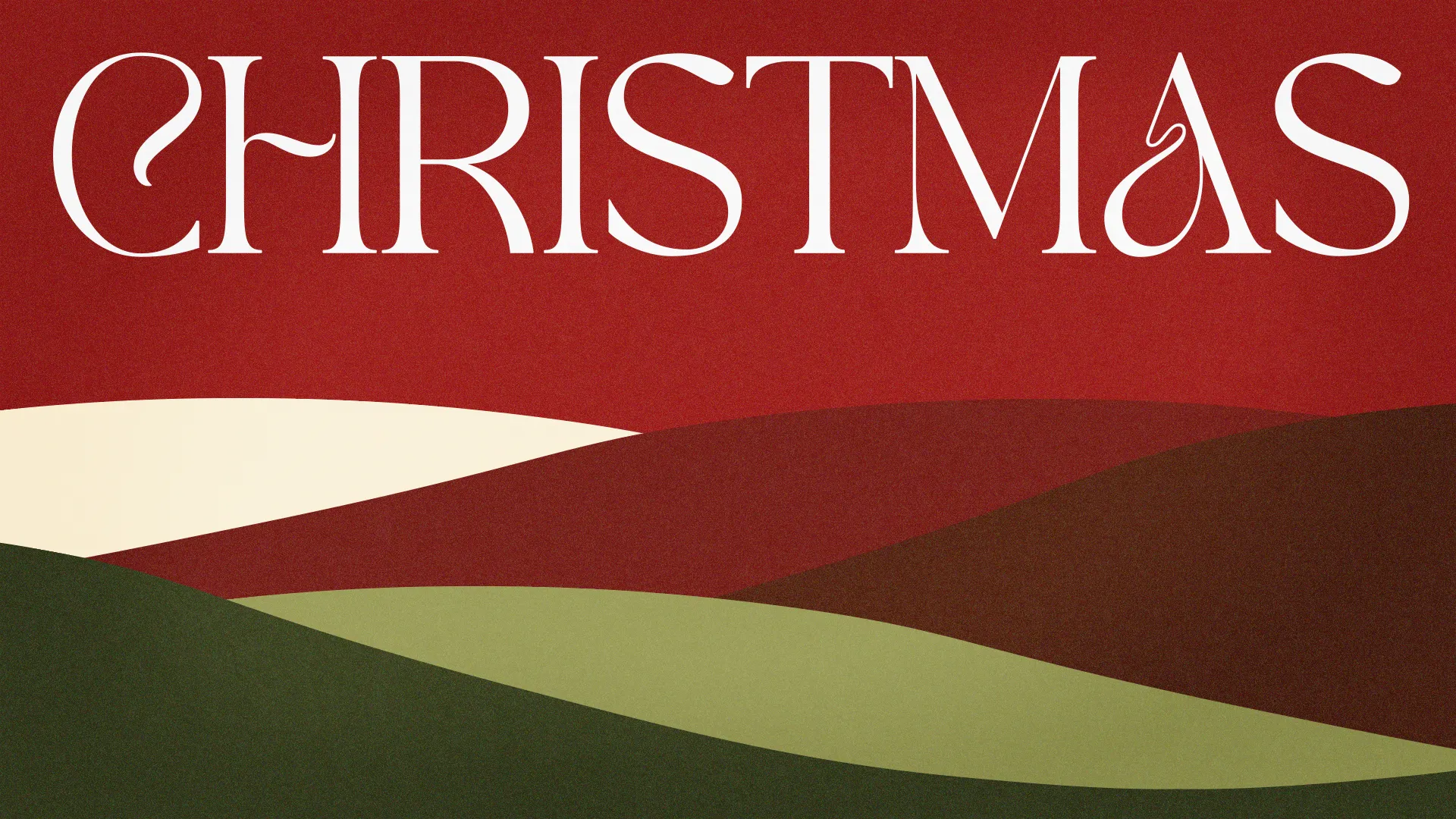 Bold "CHRISTMAS" text above rolling hills in red, green, and cream, evoking joy, community, and the celebration of faith.