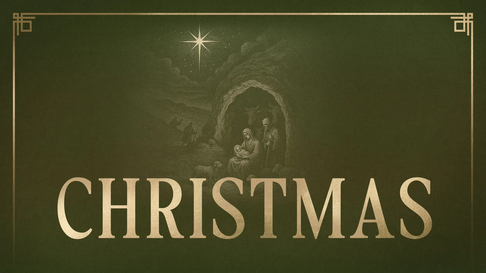 Nativity scene with Mary, Joseph, and baby Jesus under a bright star, framed by "CHRISTMAS" and space for church details.