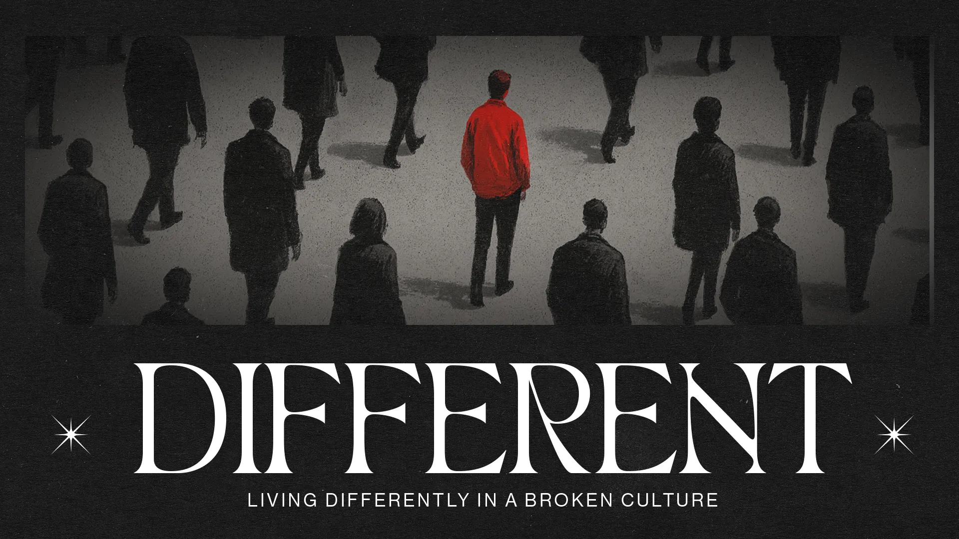 A lone figure in a red jacket stands out among a crowd in dark attire, symbolizing faith and living differently in a broken world.