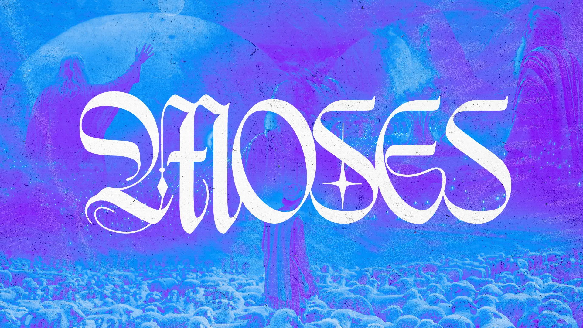 Moses stands amid a vibrant landscape, symbolizing faith and guidance, with a backdrop of sheep representing community.