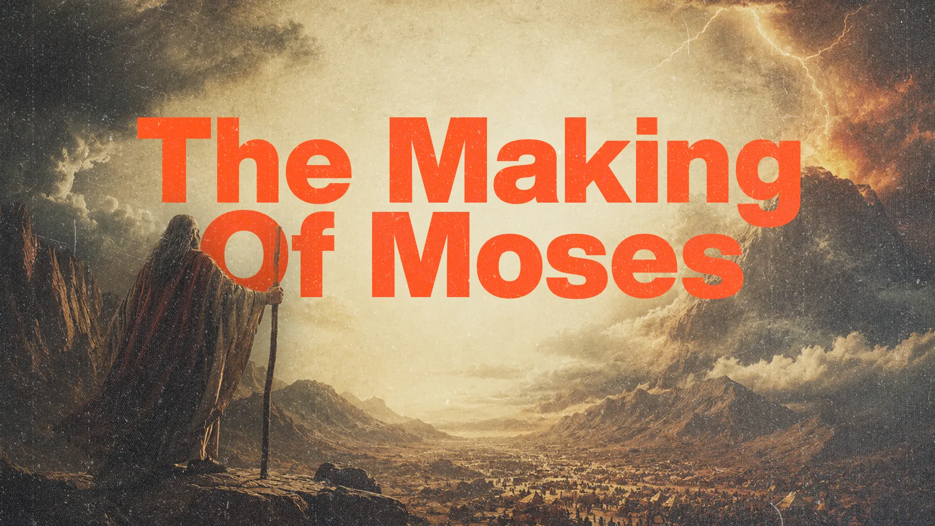 Moses stands on a rocky cliff, overlooking a vast landscape, symbolizing faith and divine guidance in biblical history.