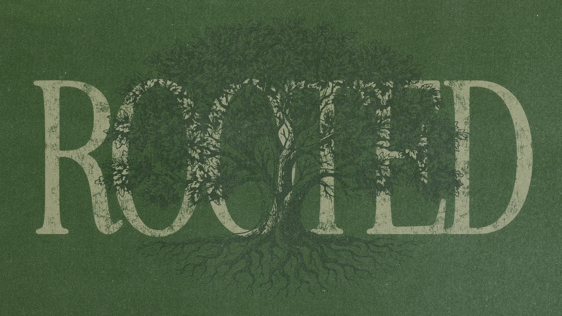 "Rooted text intertwined with a tree, symbolizing faith, growth, and community in a vibrant green background."
