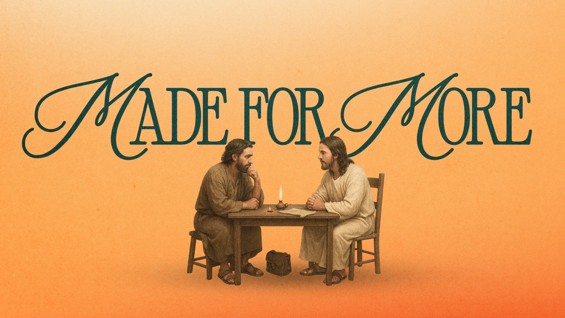Two figures engaged in deep conversation at a table, illuminated by a candle, with "Made for More" in elegant lettering.