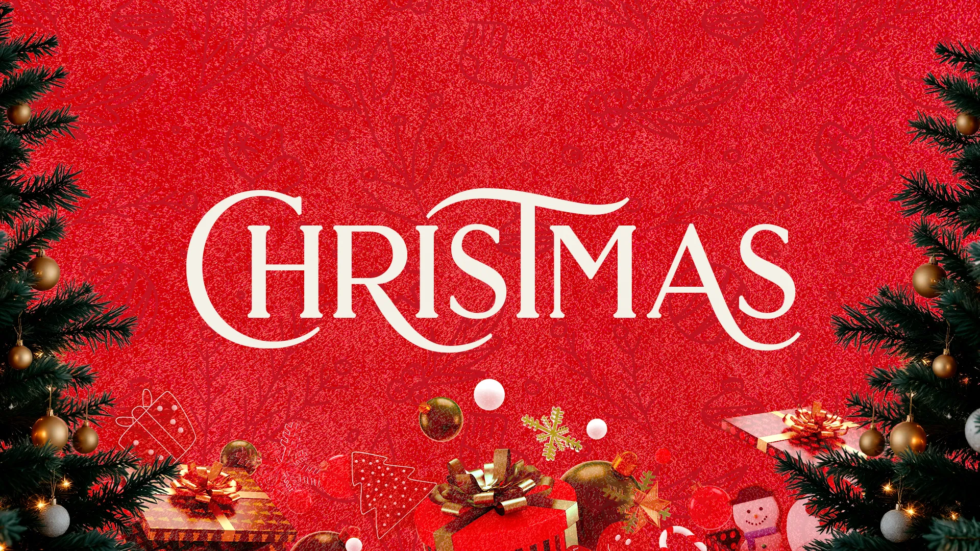 Festive red background with Christmas trees, ornaments, and gifts, celebrating joy, community, and the spirit of Christmas.