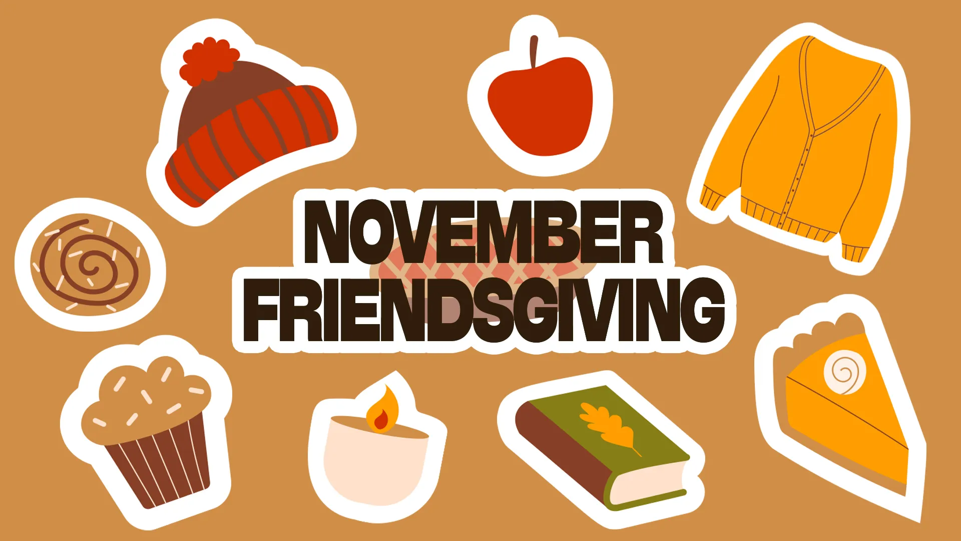 November Friendsgiving celebration with cozy items, food, a candle, and a book, symbolizing community and gratitude.