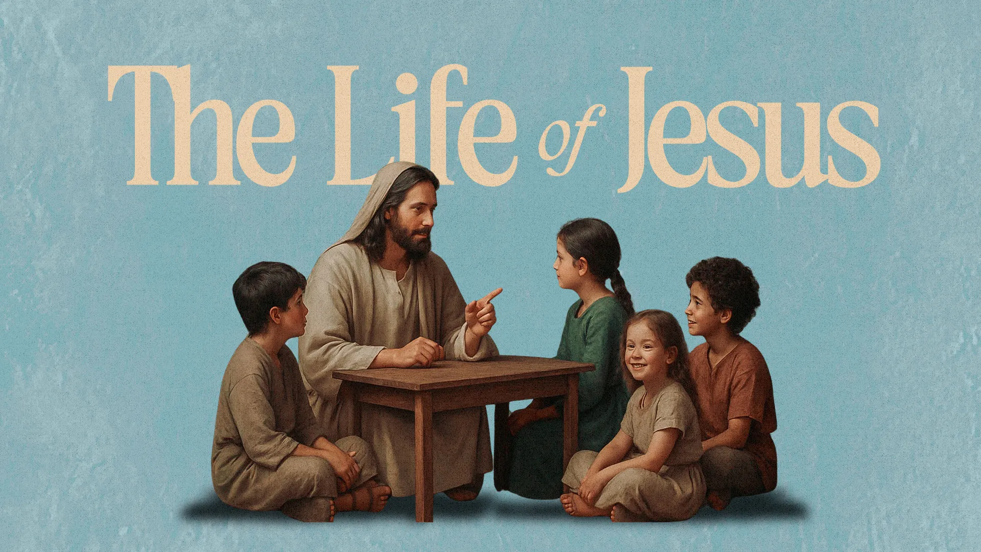 Jesus teaches children at a table, embodying faith, community, and the joy of learning about spiritual truths.