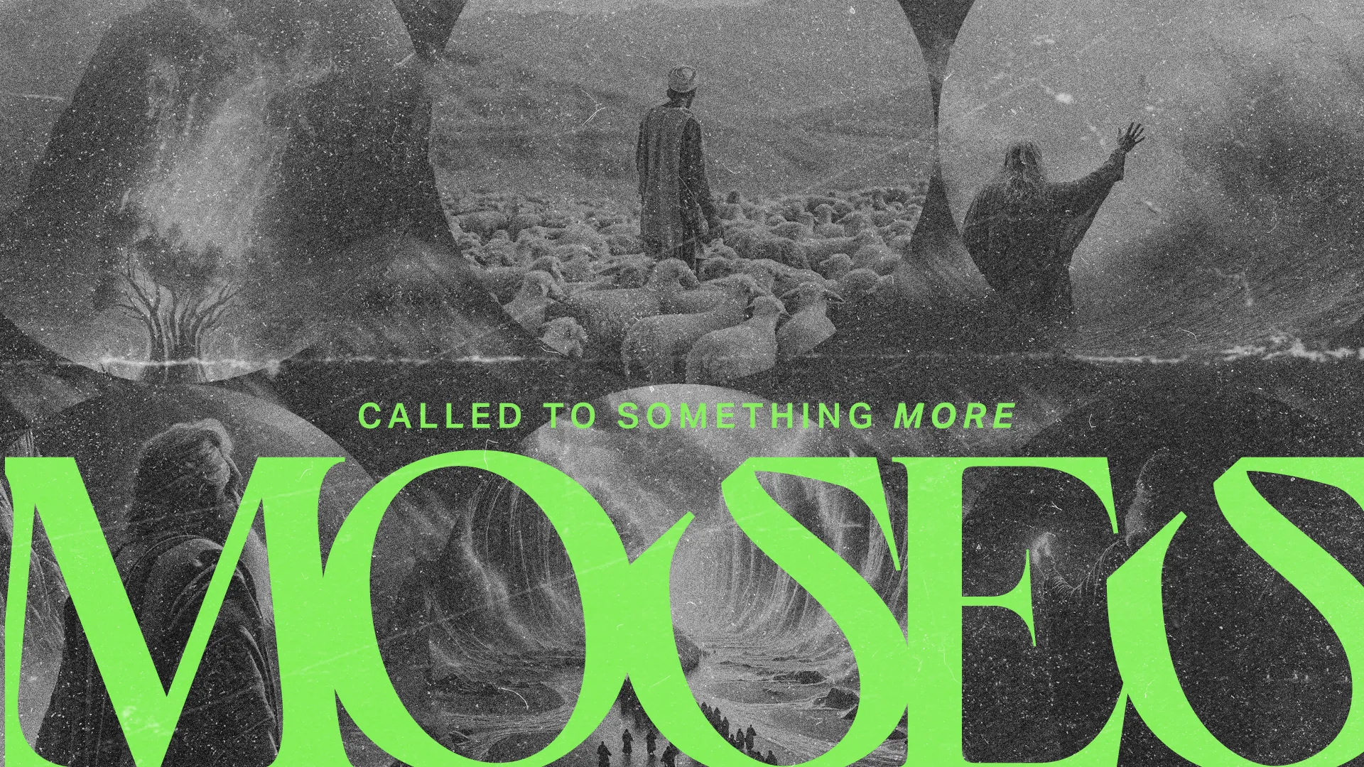 Moses leads a flock, symbolizing faith and divine calling, with imagery of the burning bush and parting waters.
